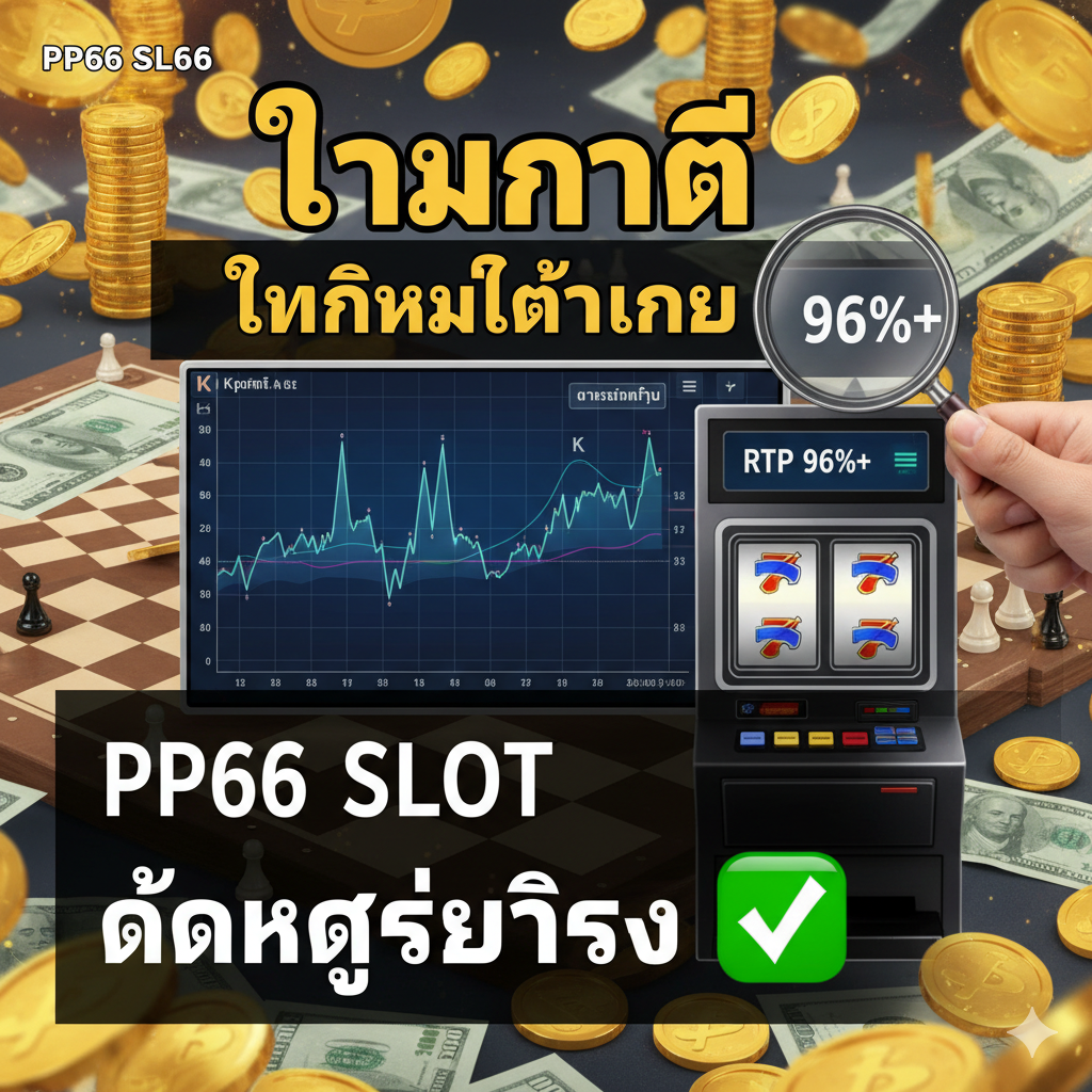 总结图，聚焦于'ทำกำไร'（盈利）和'เทคนิคทำเงิน'（赚钱技巧）。主体是一个带有上下波动K线图的界面，表示'Money Management'。旁边有一个手拿着放大镜，正在查看老虎机屏幕上的'RTP 96%+'数字。背景是散落的钱币和一些战略棋盘的元素，暗示这不是靠运气而是靠策略。在显眼位置放上'PP666 SLOT แตกง่ายจริง'的泰语口号，并用一个大大的'✅'符号来确认，鼓励用户行动（Call-to-Action）。