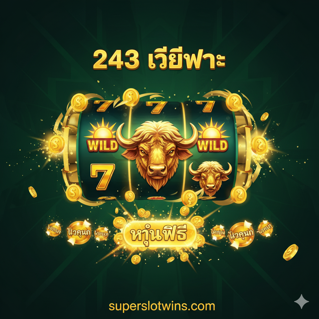 一张突出游戏核心功能和奖励的图片。画面中央展示一个抽象化的老虎机转动界面，重点突出'243 Ways to Win'的机制和'Free Spins'功能。可以看到Buffalo、Sunrise Wild和Coin Scatter这三个关键游戏符号。色彩搭配以深绿色和金色为主，象征财富和野生动物，并用爆炸式的光效烘托出Free Spins和Multipliers带来的巨大奖励感。