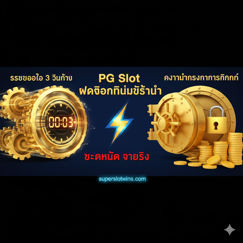 功能图片突出“ระบบออโต้ 3 วินาที”和“ความมั่นคงทางการเงิน”。画面一侧是快速转动的齿轮หรือ闪烁的数字时钟(强调3秒自动系统),另一侧是一叠金币หรือ一个金库门(象征资金雄厚和安全)。中间用箭头หรือ闪电符号连接,并配上“PG Slot ฝากถอนไม่มีขั้นต่ำ”和“แตกหนักจ่ายจริง”的泰语文字。色彩以金色、红色และ蓝色为主,体现速度、财富และความน่าเชื่อถือ。构图清晰地将两大核心功能并置。