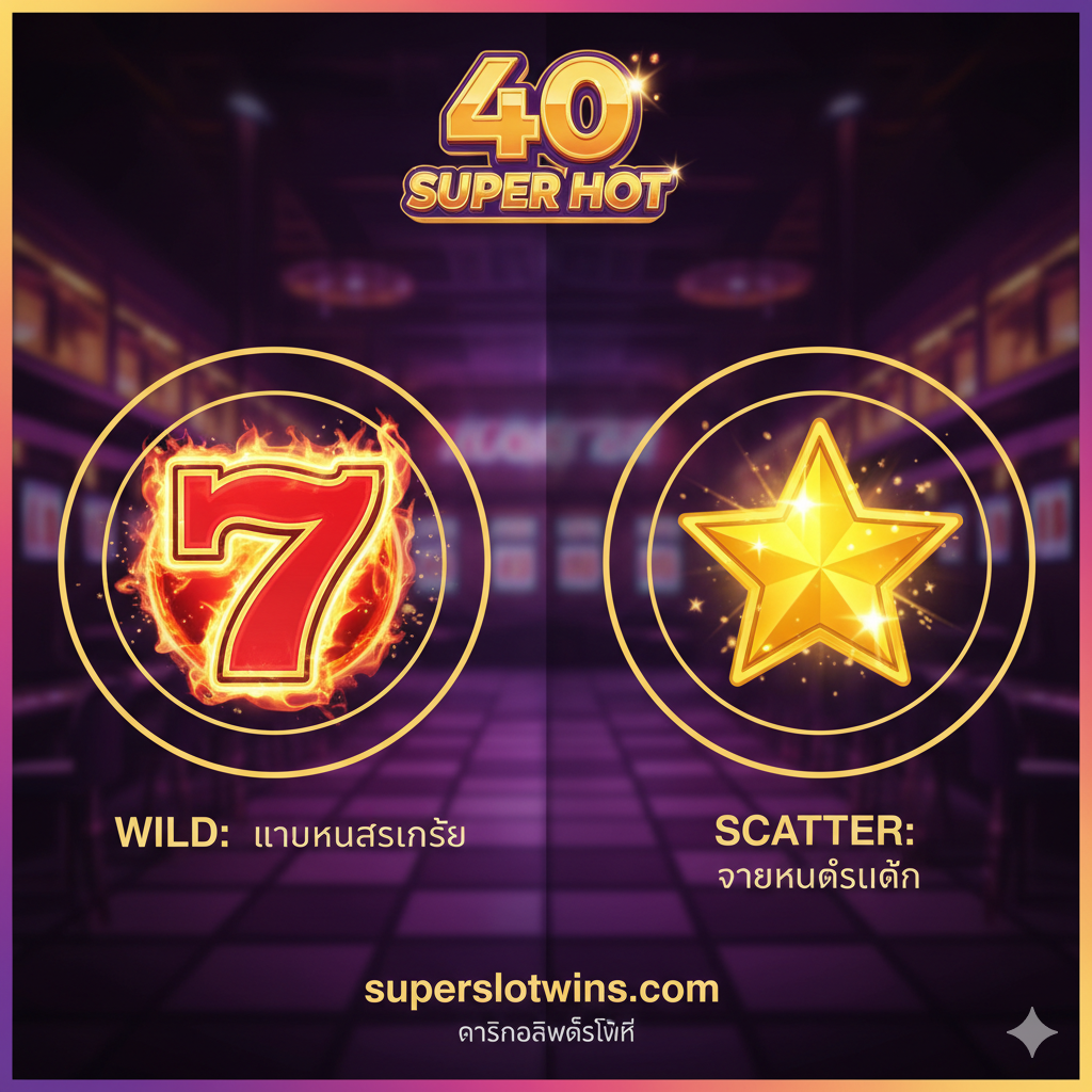 ภาพเน้นการแสดงฟีเจอร์หลักของเกม '40 Super Hot' โดยแบ่งภาพออกเป็นสองส่วนหลัก: ส่วนหนึ่งแสดงสัญลักษณ์ Wild (Lucky 7) ที่มีแสงสีทองเปล่งประกายล้อมรอบ และอีกส่วนแสดงสัญลักษณ์ Scatter (Star) ที่มีประกายดาวสีเหลืองทองโดดเด่น พื้นหลังควรเป็นธีมคาสิโนที่หรูหราพร้อมไฟนีออนสลัว ๆ มีข้อความสั้น ๆ กำกับไว้ด้านข้างสัญลักษณ์แต่ละตัว เช่น 'WILD: แทนทุกสัญลักษณ์' และ 'SCATTER: จ่ายทุกตำแหน่ง' เพื่อเน้นย้ำถึงความสำคัญของสัญลักษณ์ทั้งสองในเกม จัดองค์ประกอบในลักษณะอินโฟกราฟิกที่ดึงดูดสายตาและให้ข้อมูล