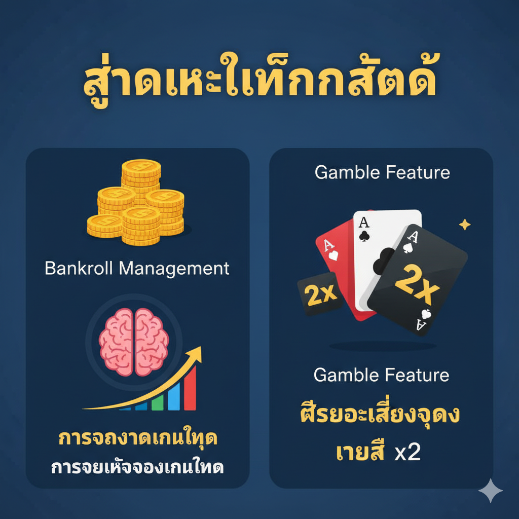 ภาพประกอบสำหรับส่วน 'สูตร' และ 'เทคนิค' เน้นองค์ประกอบที่สื่อถึงการจัดการเงินและฟีเจอร์ Gamble (เสี่ยงดวง) ในภาพควรมีสัญลักษณ์ของธนบัตรหรือเหรียญทองกองโต (สื่อถึง Bankroll) พร้อมกราฟแสดงการเติบโตทางการเงิน หรือไอคอนของสมอง/ตรรกะ อีกส่วนหนึ่งของภาพควรแสดงไพ่สองกอง (สีดำและสีแดง) ในท่าทางกำลังถูกเลือก พร้อมคำว่า '2x' ลอยอยู่เหนือไพ่ สื่อถึงการทายสีเพื่อเพิ่มเงินรางวัล 2 เท่า ใช้สีที่ดูสุขุม เช่น สีน้ำเงินหรือเขียว ควบคู่ไปกับสีทอง เพื่อให้ดูน่าเชื่อถือและเป็นกลยุทธ์