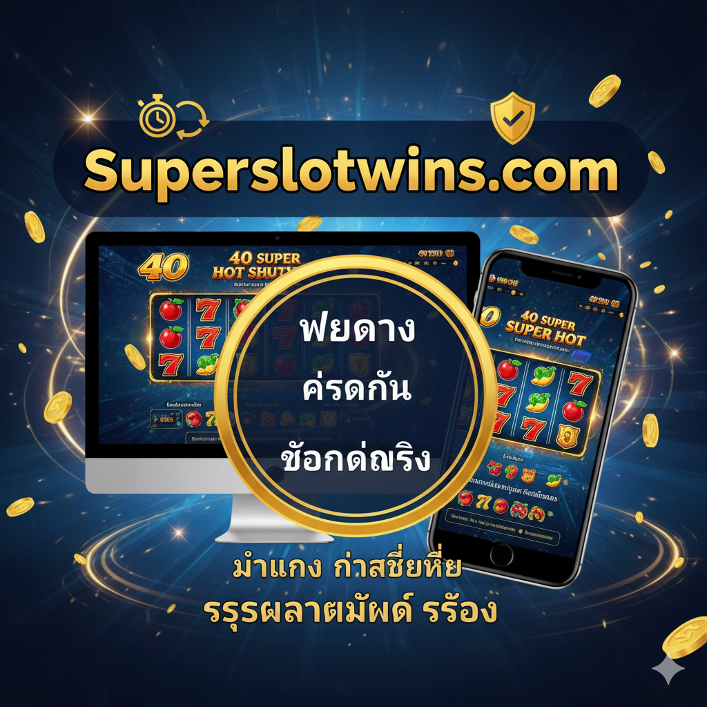 ภาพเน้นจุดเด่นของ 'Superslotwins.com' ในฐานะผู้ให้บริการเว็บตรงสำหรับ '40 Super Hot Slot' องค์ประกอบหลักคือตราประทับ 'เว็บตรง', 'ปลอดภัย', และ 'ถอนได้จริง' ที่วางอยู่บนพื้นหลังของหน้าจอคอมพิวเตอร์และโทรศัพท์มือถือที่กำลังแสดงหน้าเกม 40 Super Hot ใช้โทนสีน้ำเงินและทองที่ให้ความรู้สึกมั่นคงและน่าเชื่อถือ อาจมีไอคอนเล็ก ๆ ของนาฬิกาทรายหรือความเร็ว (สื่อถึงระบบฝาก-ถอนอัตโนมัติ) และไอคอนโล่ (สื่อถึงความปลอดภัย) ล้อมรอบโลโก้เว็บไซต์ จัดวางให้โลโก้ Superslotwins.com โดดเด่นเป็นพิเศษเพื่อสร้างแบรนด์