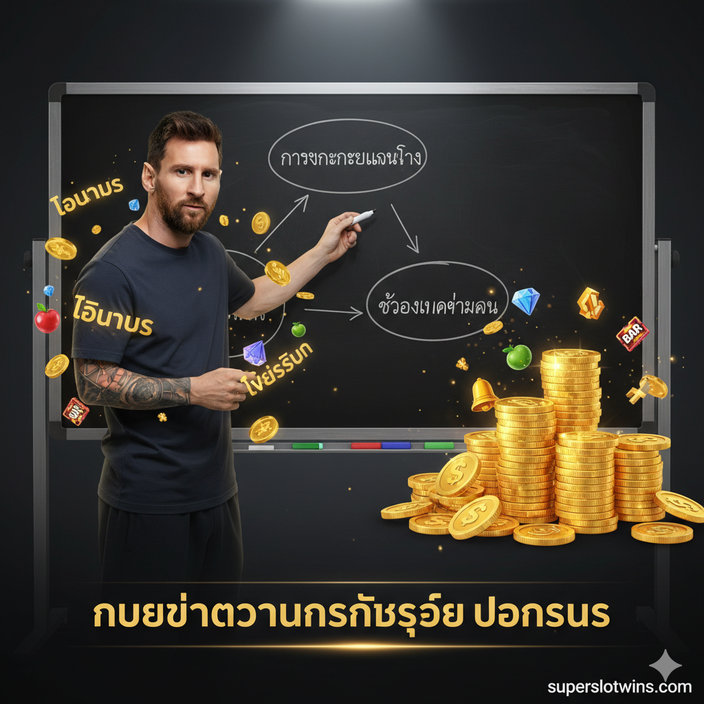 ภาพที่เน้นย้ำถึงข้อได้เปรียบของการใช้กลยุทธ์และโบนัส นำเสนอภาพของนักฟุตบอลที่กำลังวางแผนกลยุทธ์บนกระดานไวท์บอร์ด โดยมีสัญลักษณ์ของเกมสล็อตและกองเงินหรือเหรียญทองวางอยู่ด้านข้าง มีองค์ประกอบของ 'โบนัส' และ 'ฟรีสปิน' ลอยอยู่รอบๆ นักฟุตบอลคนนั้นกำลังชี้ไปที่แผนผังที่แสดงถึง 'การจัดการเงินทุน' และ 'ช่วงเวลาทำเงิน' โดยรวมใช้สีโทนเข้มและมีแสงสว่างเน้นที่กองเงินรางวัล เพื่อสื่อถึงการเล่นอย่างมีสติและโอกาสทำเงินที่สูงกว่าผู้เล่นทั่วไป