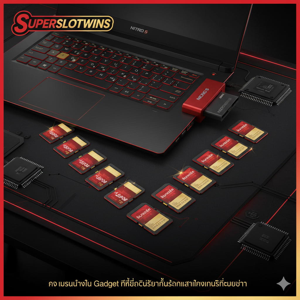 ภาพสรุปที่เชื่อมโยงกับเว็บไซต์ Superslotwins แสดงโลโก้เว็บไซต์ (สมมติว่าเป็นโลโก้สไตล์เกมมิ่ง) อยู่มุมใดมุมหนึ่งของภาพ ภาพหลักแสดงแล็ปท็อป Acer Nitro 5 ที่มี Card Reader เสียบอยู่ และมีการ์ดหน่วยความจำหลายอันวางอยู่ข้างๆ จัดวางองค์ประกอบเป็นรูปตัว V (Victory) หรือการจัดเรียงแบบสามเหลี่ยม โทนสีโดยรวมเป็นสีแดงเข้ม/ทอง เพื่อให้เข้ากับธีมของ 'Superslotwins' และมีข้อความตัวเล็กๆ ด้านล่างระบุว่า 'การลงทุนใน Gadget ที่ดีคือส่วนหนึ่งของการเล่นเกมที่เหนือกว่า' เป็นภาพที่ดูพรีเมียมและปิดท้ายบทความได้ดี