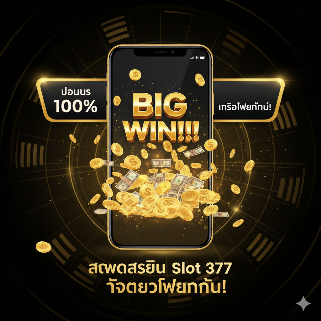 ภาพสรุปที่เน้นข้อเสนอโปรโมชั่นและ Call-to-Action มือถือขนาดใหญ่ที่แสดงหน้าจอ 'BIG WIN' พร้อมเงินรางวัลไหลออกมา มีป้ายโปรโมชั่น 'โบนัส 100%' หรือ 'เครดิตฟรี' ขนาดใหญ่และสะดุดตาติดอยู่ด้านข้างหรือด้านบน ใช้สีทองและสีดำเพื่อความรู้สึกพรีเมียมและน่าตื่นเต้น มีข้อความ 'สมัครสมาชิก Slot 377' และ 'รับเครดิตฟรีทันที!' เป็นจุดศูนย์กลาง เพื่อกระตุ้นให้ผู้ใช้งานทำการสมัครสมาชิกเป็นขั้นตอนสุดท้าย
