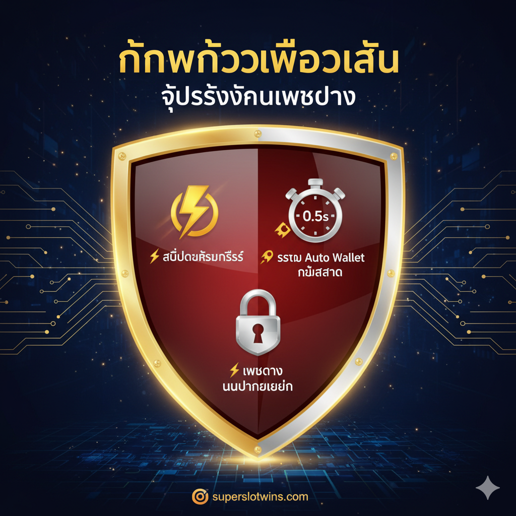 针对'ทำไมต้องเลือกเล่น'和'จุดแข็งของเว็บตรง'部分，图片必须强调Superslotwins的三个核心优势。主体是一个象征安全与信赖的巨大盾牌或勋章，上面印有'Superslotwins'标志（非必需，但风格要匹配）。盾牌周围或内部嵌入三个关键元素：1. 一个闪电符号（⚡️ อัปเดตเร็วที่สุด），2. 一个计时器显示'0.5s'（🚀 ระบบ Auto Wallet ใหม่ล่าสุด），3. 一个坚固的锁头（🛡️ เว็บตรง ไม่ผ่านเอเย่นต์）。色彩使用金色、银色和深红，营造出高端、专业、可靠的金融科技感。