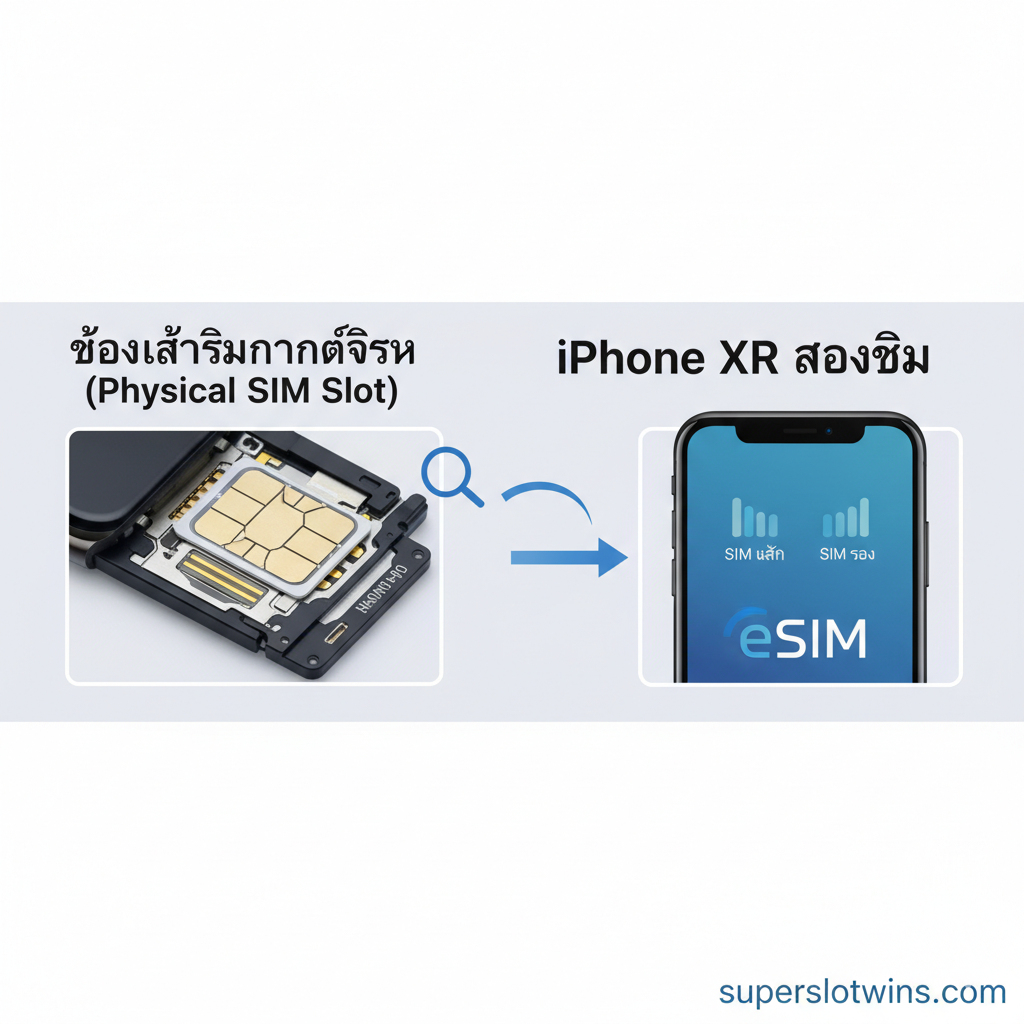 ภาพประกอบส่วนคุณสมบัติทางเทคนิคของ iPhone XR ที่เน้นเรื่อง Dual SIM และ eSIM ภาพแบ่งเป็นสองส่วน: ด้านหนึ่งแสดงภาพขยายของช่องใส่ซิมกายภาพ (Physical Sim Slot) ของ iPhone XR ที่กำลังถูกใส่ Nano-SIM อย่างชัดเจน อีกด้านหนึ่งเป็นภาพกราฟิกแสดงสัญลักษณ์ eSIM หรือไอคอนเครือข่ายคู่ (Dual Network Icons) บนหน้าจอโทรศัพท์ มีลูกศรเชื่อมโยงระหว่าง Physical Sim และ eSIM เพื่อเน้นย้ำถึงการทำงานร่วมกันของ 'iphone xr สองซิม' โทนสีเป็นสีฟ้า-ขาว-เทา เพื่อสื่อถึงเทคโนโลยีและความแม่นยำทางเทคนิค