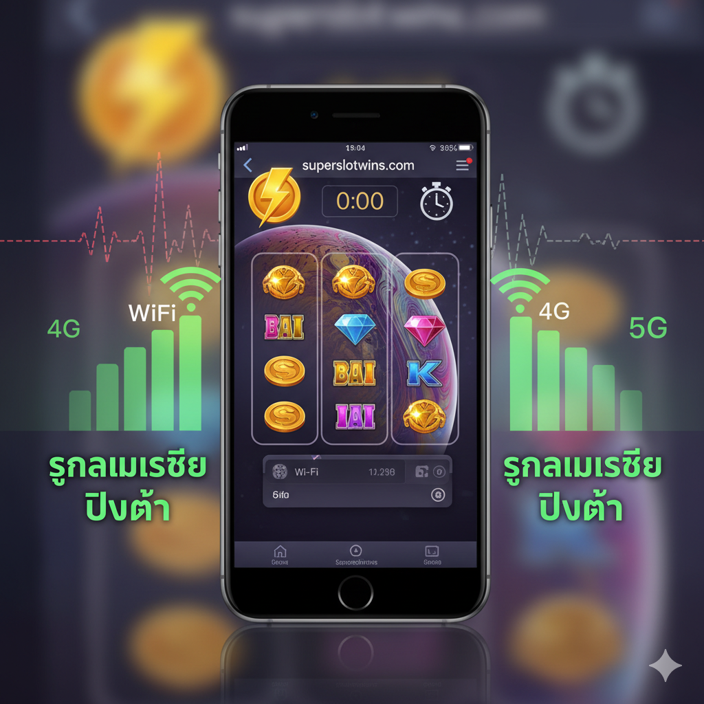 ภาพที่สื่อถึง 'ความเสถียรของอินเทอร์เน็ต' ที่สำคัญกว่าความเร็ว ภาพแสดงหน้าจอ iPhone XR ที่กำลังแสดงแอปพลิเคชันเกมสล็อตของ superslotwins.com (สมมติว่าเป็นอินเทอร์เฟซสล็อตที่มีสัญลักษณ์เหรียญทอง) ด้านข้างมีกราฟิกแท่งสัญญาณ Wi-Fi/4G/5G ที่เต็มเปี่ยมและมีคำว่า 'Ping ต่ำ' หรือ 'Stable' กำกับอยู่ด้วยสีเขียว มีภาพนาฬิกาจับเวลา (Timer) หรือสายฟ้า (⚡) ที่แสดงถึงความรวดเร็วและไม่สะดุด ตรงกันข้ามกับพื้นหลังที่อาจมีสัญญาณขาดๆ หายๆ เพื่อสร้างความเปรียบต่าง เน้นการใช้สีสดใสและคมชัดเพื่อสื่อถึงประสิทธิภาพสูงสุดในการเล่นสล็อต