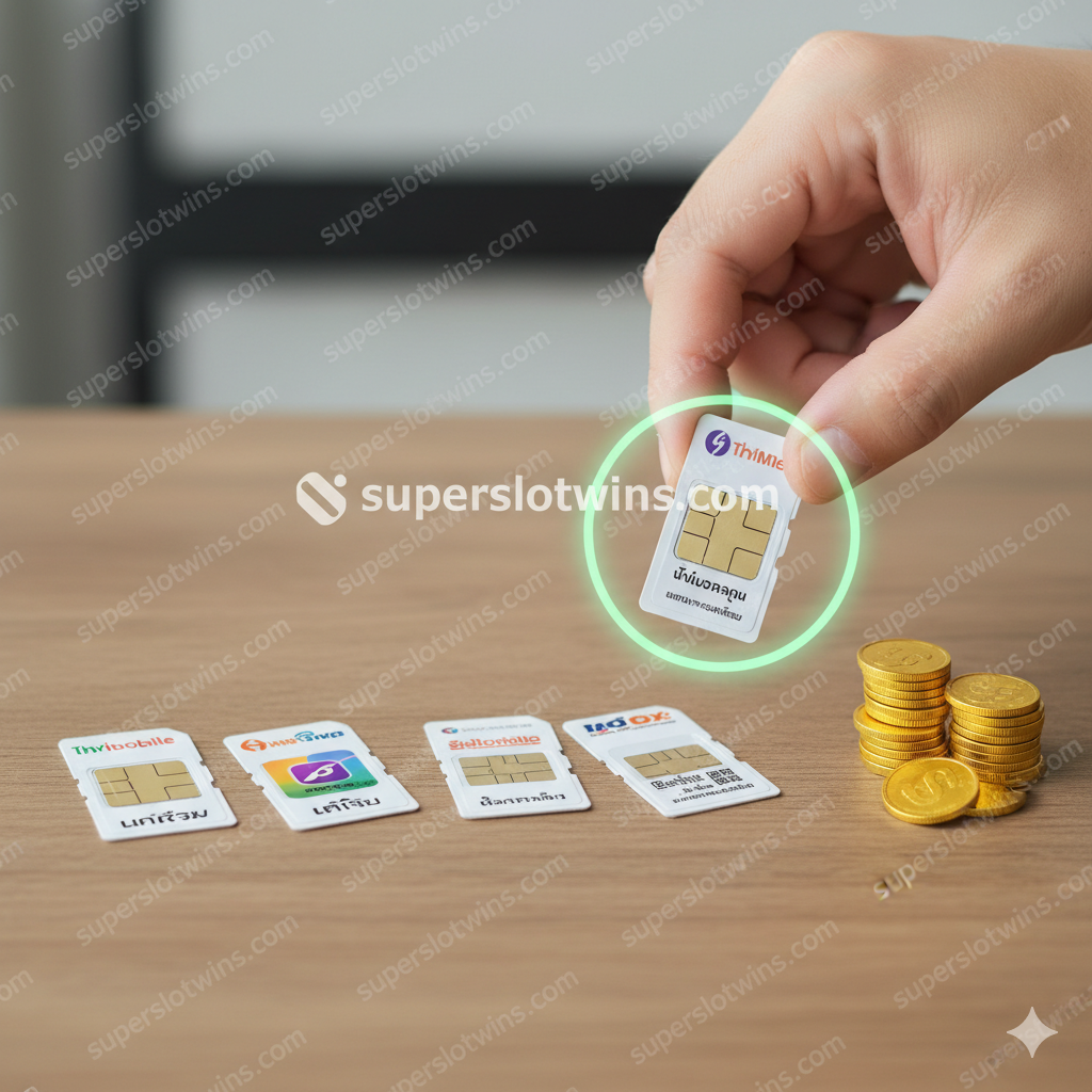 ภาพสรุปที่เน้นการตัดสินใจและการเลือกแพ็กเกจอินเทอร์เน็ตที่ดีที่สุด ภาพแสดง Sim Card หลายใบวางอยู่บนโต๊ะ (อาจมีโลโก้ผู้ให้บริการไทยแบบสมมติ) และมีมือที่กำลังเลือกซิมการ์ดใบหนึ่งซึ่งถูกเน้นด้วยวงกลมสีเขียวหรือแสงสว่าง มีไอคอนของ 'เงินสด' หรือ 'เหรียญทอง' วางอยู่ใกล้กับซิมการ์ดที่ถูกเลือก เพื่อสื่อถึงความคุ้มค่าและโอกาสในการทำกำไร (Money-making opportunity) จากการเลือก Data ที่ 'ไม่ลดสปีด' มีองค์ประกอบของโลโก้ superslotwins.com แบบจางๆ ในพื้นหลังเพื่อเชื่อมโยงกับเป้าหมายของการเล่นสล็อต