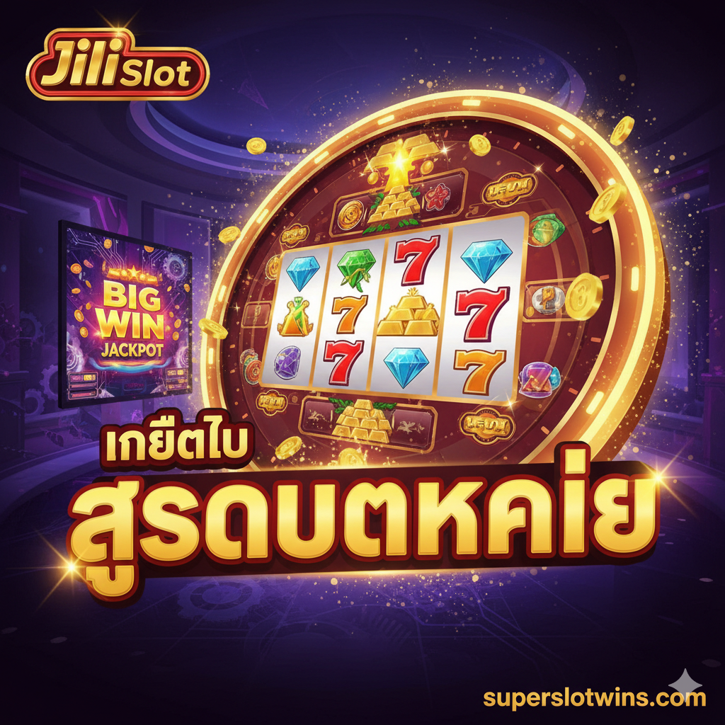 ภาพหน้าปกสไตล์เกมมิ่งที่ดูตื่นเต้นและน่าดึงดูดใจ (High-energy gaming style cover image) โดยมีโลโก้ Jili Slot และ superslotwins.com อยู่ในองค์ประกอบหลัก สีหลักเป็นสีทอง, แดง และดำ เพื่อสื่อถึงความร่ำรวยและชัยชนะ ตรงกลางภาพมีสัญลักษณ์สล็อตที่มีแสงระยิบระยับ (เช่น เพชร, ทองคำแท่ง, เลข 7) และมีคำว่า 'Tips' หรือ 'สูตรแตกง่าย' แบบเน้นๆ ตัวอักษรควรมีมิติแบบ 3D และมีประกายแสง (Glow effect) ด้านหลังเป็นพื้นหลังของห้องโถงคาสิโนดิจิทัลหรือหน้าจอเกมสล็อตที่กำลังแสดงผลโบนัสใหญ่ (Big Win/Jackpot screen) ในโทนสีม่วง-น้ำเงินเข้ม