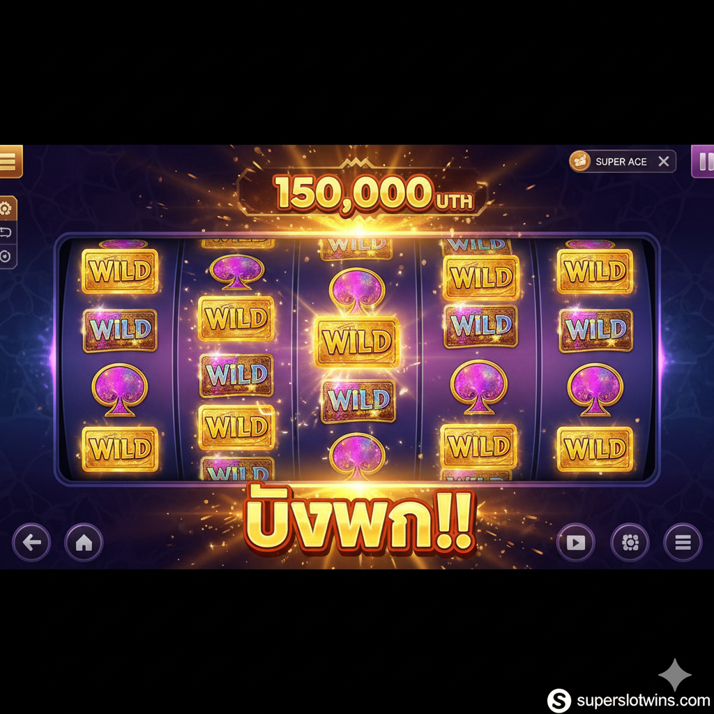 ภาพประกอบที่เน้นเกมยอดนิยมและจุดเด่น (Super Ace) สำหรับส่วนที่ 3 ภาพควรเป็นภาพ Screenshot ที่มีการออกแบบมาใหม่ โดยเน้นองค์ประกอบของเกม Jili Slot 'Super Ace' ที่มีสัญลักษณ์ 'Gold Card' และ 'Wild' ที่โดดเด่นเป็นพิเศษ ตรงกลางภาพมีวงล้อสล็อตของเกม Super Ace ที่กำลังแสดงผลชนะครั้งใหญ่ (Big Win) พร้อมตัวเลขกำไรขนาดใหญ่ และมีแสงสว่างพุ่งออกมาจากหน้าจอ มีโลโก้ 'superslotwins.com' เล็กๆ ในมุมที่ดูเป็นมืออาชีพ เพื่อสื่อถึงความเชื่อถือและโอกาสชนะที่เว็บนี้