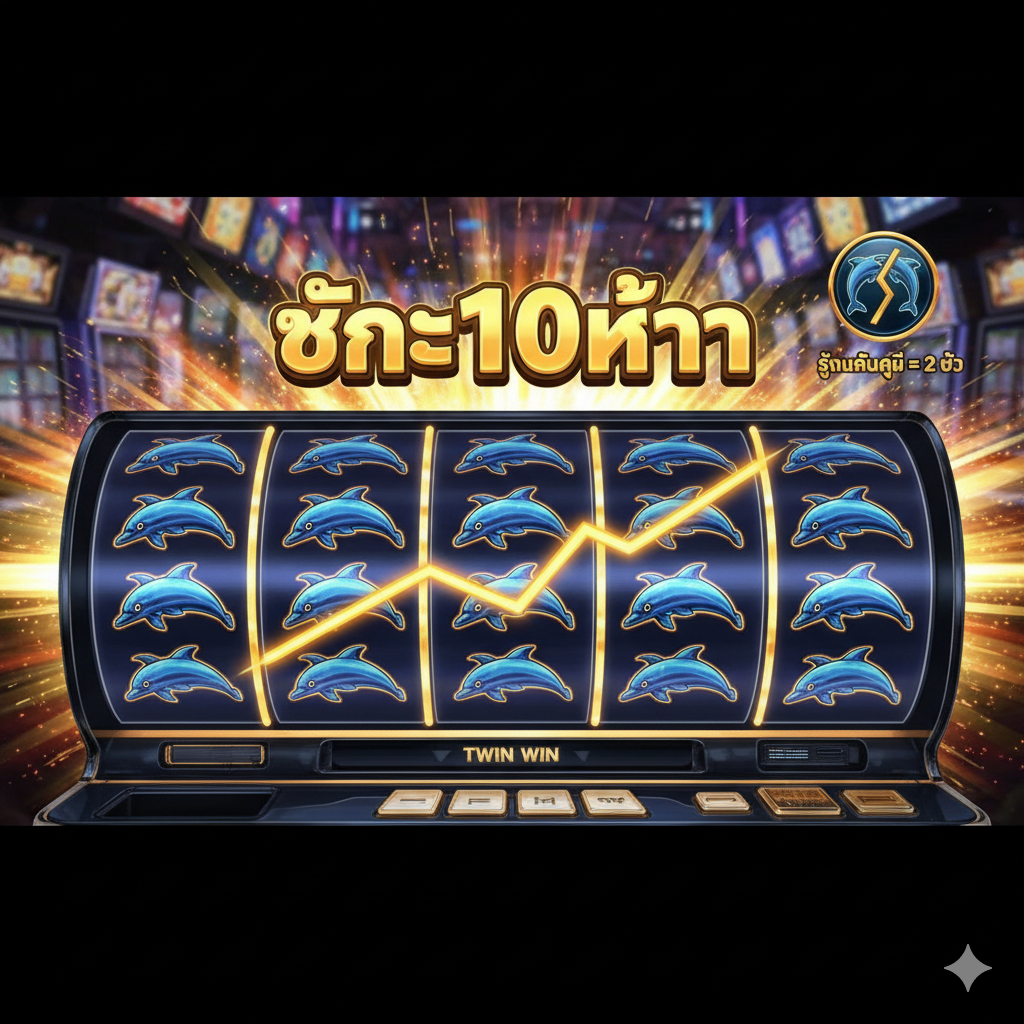 一张聚焦于'Split Symbols'（双符号）机制的功能图。ภาพ的主体是一个特写放大展示'10-of-a-kind'的胜利组合：五格卷轴上全部是带有双海豚的符号，构成10个海豚，并有一条闪光的赢钱线穿过。旁边配有一个小图标或标注，用泰语简要解释'สัญลักษณ์คู่ = 2 ตัว'（双符号 = 2 个）。色彩鲜亮，突出胜利的符号，风格清晰直观，用于解释核心游戏机制。