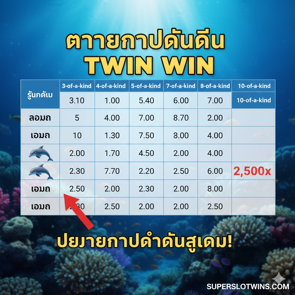 一张教程指导图，展示Twin Win老虎机的'Paytable'（赔付表）关键部分。ไม่ใช่直接截屏，而是设计一个清晰的表格，突出显示'Dolphin'（海豚）符号及其最高赔付值'2,500x'。背景可以是一个模糊的赌场环境หรือ深海主题。图上可以有一个虚拟的手指（หรือ箭头）指向'10-of-a-kind'的最高支付列，指导玩家关注最高赔付目标。风格应简洁、信息量大，方便用户快速理解文章中的赔付数据。