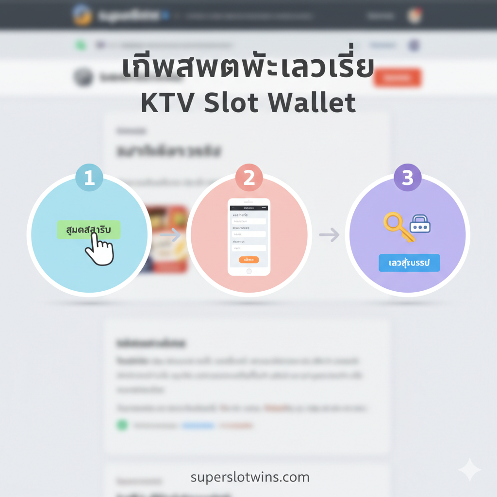 ภาพสำหรับแสดงขั้นตอนการสมัครและเข้าเล่น KTV Slot Wallet ที่ง่ายดาย ควรออกแบบเป็นภาพอินโฟกราฟิกแบบมินิมอลที่มี 3 ขั้นตอนที่ชัดเจน เรียงลำดับจาก 1-2-3 หรือเป็นลูกศรชี้ไปตามลำดับ แต่ละขั้นตอนมีไอคอนที่สื่อความหมาย: 1. ไอคอนมือที่กำลังกด 'สมัครสมาชิก' 2. ไอคอนโทรศัพท์ที่มีฟอร์มกรอกข้อมูล และ 3. ไอคอนกุญแจ/รหัสผ่านเพื่อ 'เข้าสู่ระบบ' โทนสีควรเป็นสีอ่อนและสะอาดตาเพื่อให้ดูน่าเชื่อถือและใช้งานง่าย มีภาพพื้นหลังเบลอๆ ของหน้าเว็บไซต์ superslotwins.com อยู่ด้านหลังเพื่อบริบท