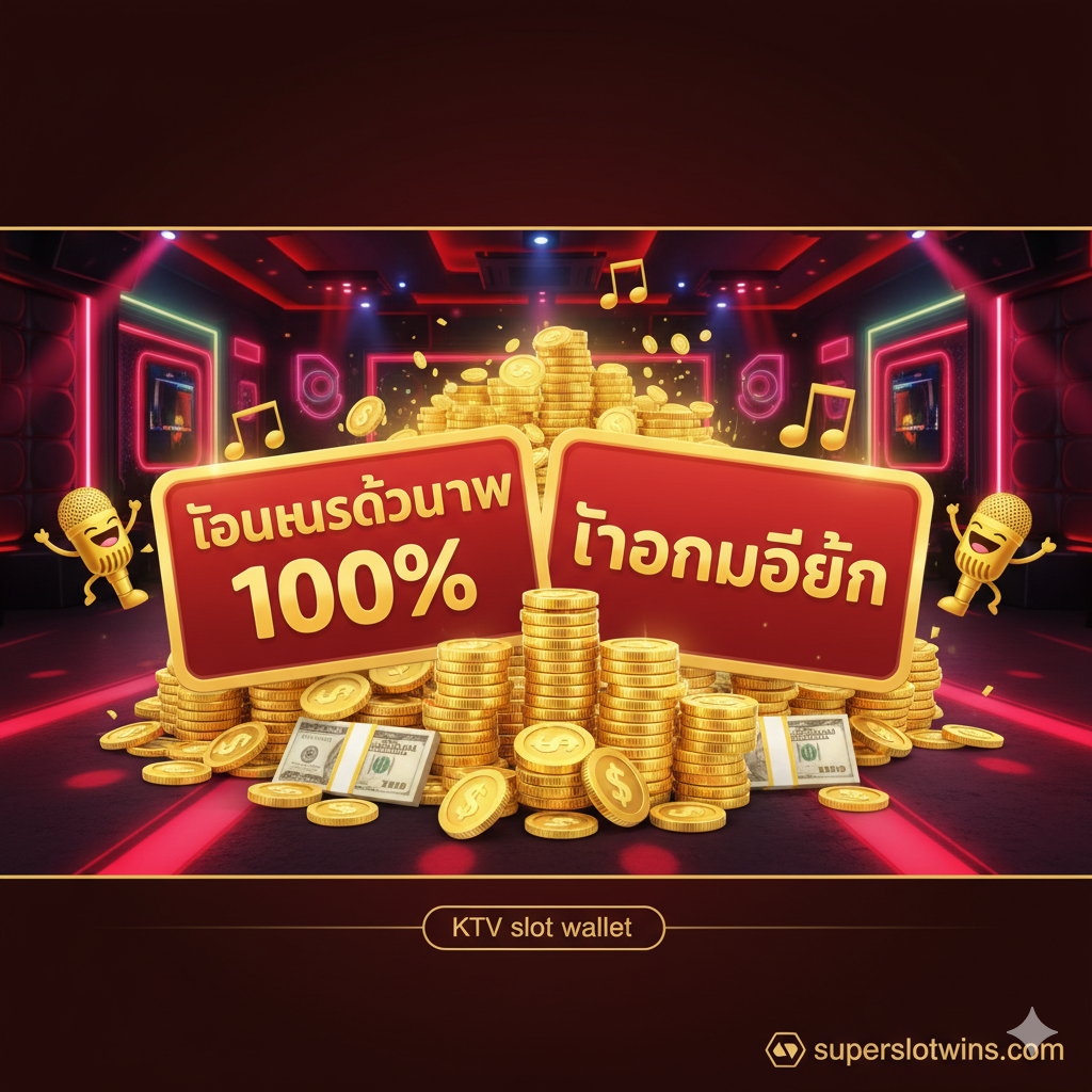 ภาพที่เน้นย้ำถึงข้อได้เปรียบและโปรโมชั่นพิเศษ เช่น 'โบนัสต้อนรับ 100%' และ 'ถอนไม่อั้น' ภาพควรมีกองเหรียญทองหรือธนบัตรจำนวนมากที่ดูน่าดึงดูด พร้อมป้ายประกาศขนาดใหญ่ที่เขียนว่า 'โบนัส 100%' และ 'ถอนไม่อั้น' ใช้สีทองและแดงเพื่อสื่อถึงความมั่งคั่งและความเร้าใจ มีตัวการ์ตูนหรือสัญลักษณ์ KTV (เช่น ไมโครโฟน) อยู่ด้านข้างอย่างร่าเริงเพื่อสื่อถึงความสนุกสนาน และมีข้อความเล็กๆ 'KTV slot wallet' เพื่อเชื่อมโยงกับเนื้อหา
