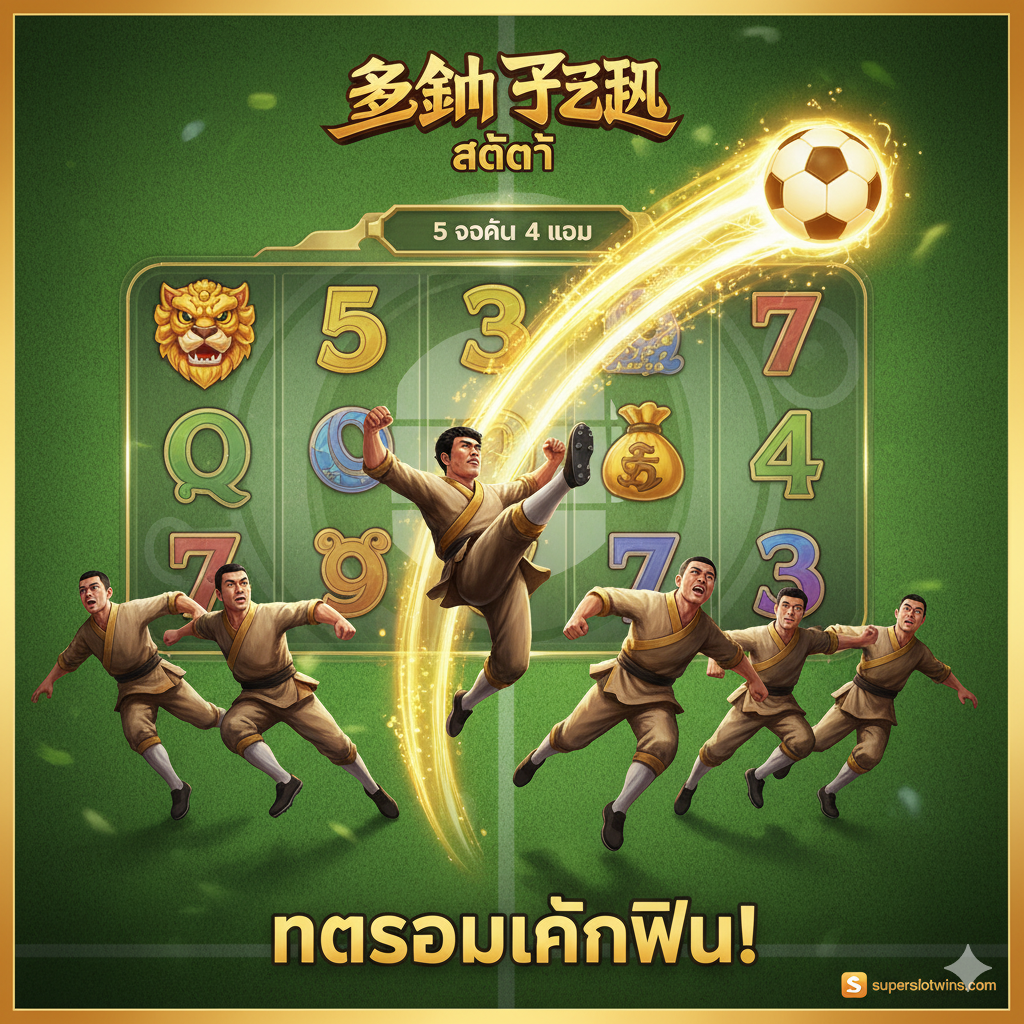 ภาพหน้าปกเกมสล็อต Shaolin Soccer แนวแอ็กชันคอมเมดี้ สไตล์ภาพยนตร์จีนของโจวซิงฉือ โทนสีหลักเป็นสีเขียวสนามฟุตบอลและสีทองอร่าม มีโลโก้เกม 'Shaolin Soccer' และข้อความภาษาไทย 'ทดลองเล่นฟรี!' หรือ 'Demo' ที่โดดเด่น วางองค์ประกอบหลักเป็นตัวละครนักเตะเส้าหลินกำลังเตะลูกบอลด้วยท่าทางที่เต็มไปด้วยพลังเหนือธรรมชาติ โดยมีวงล้อสล็อตโปร่งแสงซ้อนอยู่ด้านหลัง เน้นการแสดงผล '5 รีล 4 แถว' และสัญลักษณ์ Wild/Scatter ที่ชัดเจน เพื่อดึงดูดความสนใจของผู้เล่นทันที