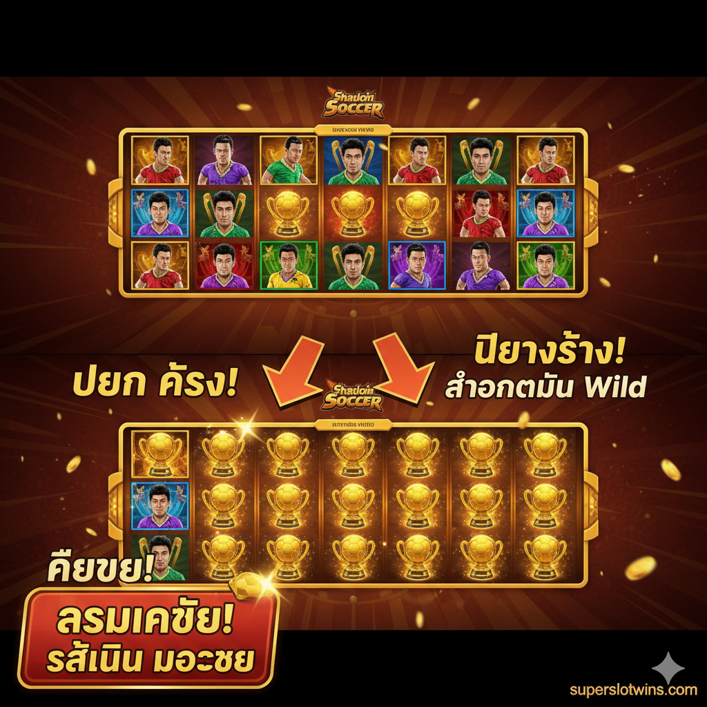ภาพเน้นการแสดงฟีเจอร์เด่น 'Shaolin Soccer Feature' (การแปลงสัญลักษณ์) โดยแบ่งภาพเป็นสองส่วน: ส่วนแรกแสดงวงล้อสล็อตปกติที่มีสัญลักษณ์นักเตะทั้ง 5 คนปรากฏอยู่, ส่วนที่สองแสดงภาพขณะที่สัญลักษณ์นักเตะเหล่านั้นทั้งหมดได้แปลงร่างเป็นสัญลักษณ์ Wild (ถ้วยรางวัล) ที่มีประกายแสงสีทอง พร้อมกับลูกศรชี้ให้เห็นถึงการเปลี่ยนแปลงครั้งใหญ่ เน้นคำว่า 'WILD' หรือ 'Shaolin Soccer Feature' อย่างเด่นชัด ใช้โทนสีส้ม/แดงเพื่อสื่อถึงความตื่นเต้นและรางวัลใหญ่