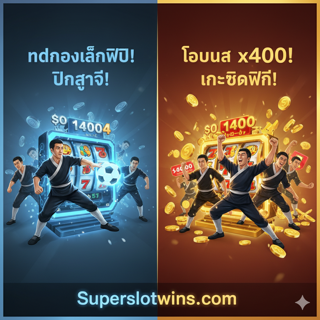 ภาพเปรียบเทียบข้อดีของการเล่น 'Demo' กับ 'Real Money' (เงินจริง) จัดวางแบบ A/B Comparison โดยมีเส้นแบ่งตรงกลาง: ด้านซ้ายเป็นภาพการเล่นเดโม่ พร้อมข้อความ 'ทดลองเล่นฟรี! ฝึกสูตร!', ด้านขวาเป็นภาพการเล่นเงินจริง พร้อมข้อความ 'โบนัส x4000! เครดิตฟรี!'. เน้นย้ำข้อความ 'Superslotwins.com' เพื่อเชื่อมโยงกับโปรโมชั่น ให้ความรู้สึกว่าการเล่นเดโม่เป็นการเตรียมพร้อมสู่ชัยชนะในเงินจริง