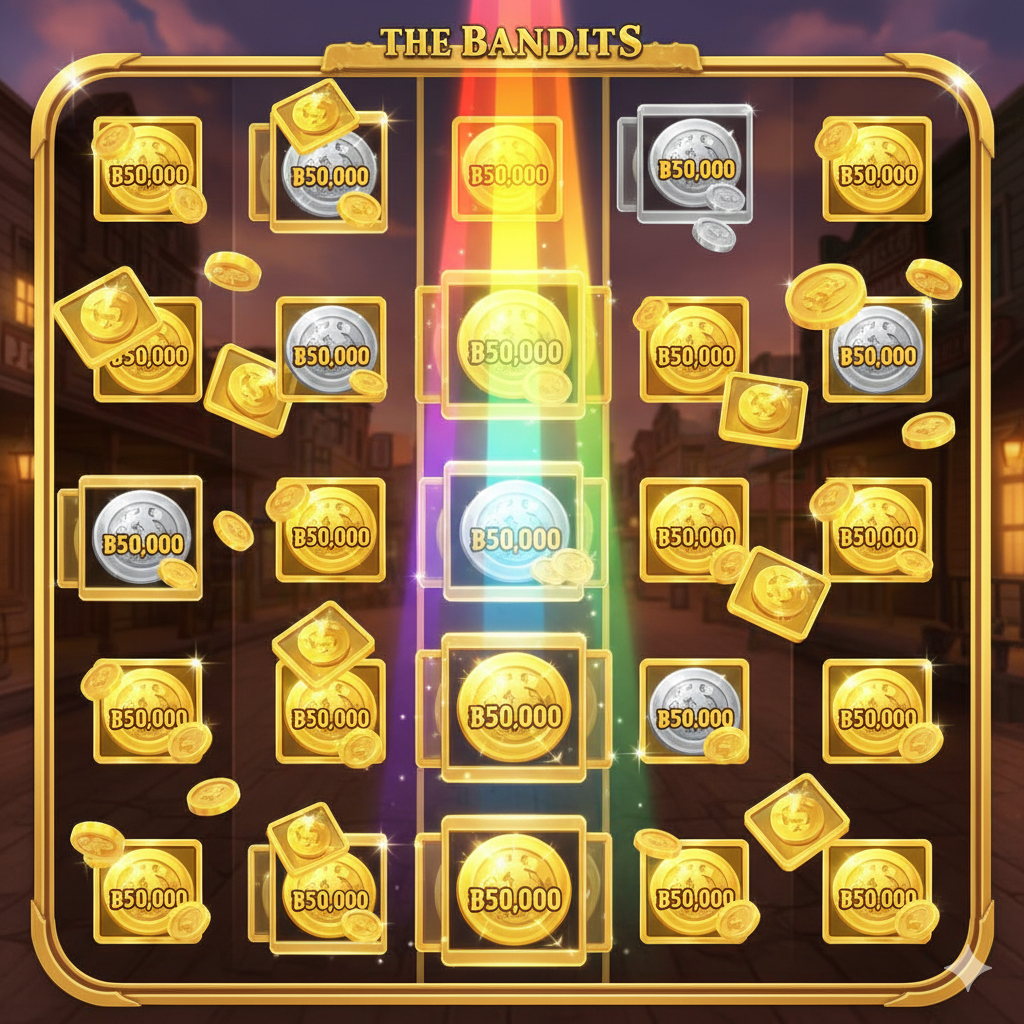 ภาพเน้นฟีเจอร์หลัก 'Golden Square' และ 'Rainbow' ของ The Bandits Slot แสดงหน้าจอเกม 6x5 ที่เต็มไปด้วยสัญลักษณ์สี่เหลี่ยมสีทอง (Golden Squares) กระจายอยู่บนวงล้อ โดยมีลำแสงสีรุ้ง (Rainbow) ส่องลงมาจากด้านบนของหน้าจอไปยังสี่เหลี่ยมสีทองเหล่านั้นเพื่อเปิดเผยเหรียญเงินและเหรียญทองที่มีมูลค่าสูง การจัดวางภาพควรโฟกัสไปที่กลไกการเล่นนี้เพื่อสื่อถึงจังหวะที่เกมกำลังจะจ่ายรางวัลใหญ่ มีการใช้สีเหลืองทองและสีรุ้งเป็นสีหลักเพื่อดึงดูดสายตา ภาพนี้ต้องแสดงให้เห็นถึงความตื่นเต้นของการรอเปิดเผยรางวัล