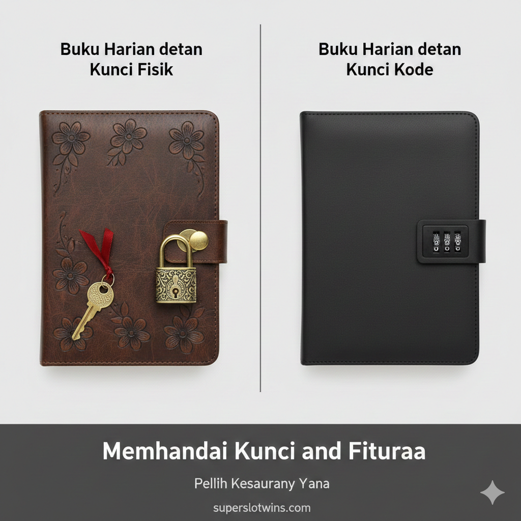 Visual ringkasan yang mendorong tindakan pembelian online. Tampilkan tiga jenis buku harian yang berbeda (anak-anak cerah, remaja/standar, dan profesional kulit) tersusun rapi di atas permukaan kayu atau meja minimalis. Di sampingnya, muncul ikon-ikon e-commerce (seperti ikon keranjang belanja, simbol diskon, dan ikon pengiriman cepat) yang melayang. Sebuah tangan seolah-olah sedang mengklik tombol 'Beli Sekarang' di layar laptop yang buram di latar belakang. Palet warna harus menyatu dan profesional, mendorong pembaca untuk segera 'dagboek met slot online bestellen'.
