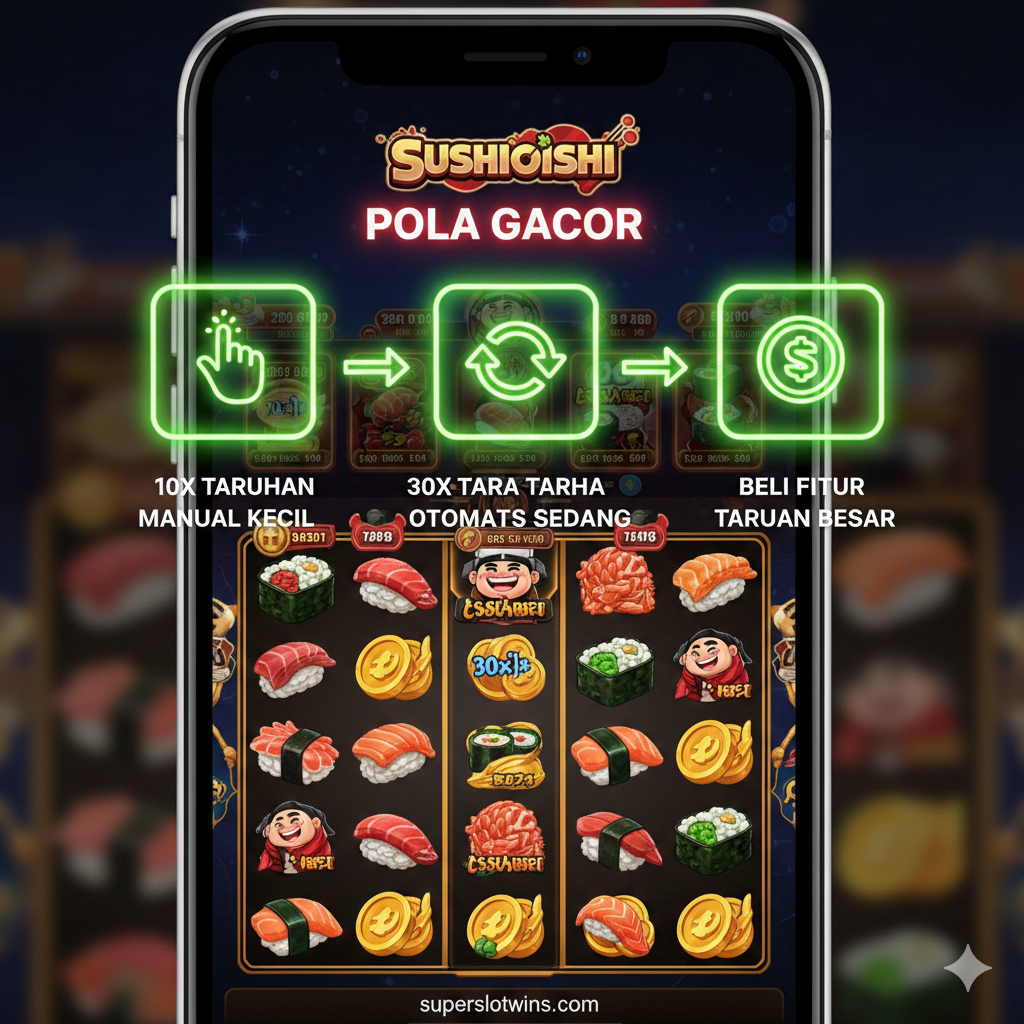 Visualisasi 'Pola Gacor'. Buat tampilan seperti layar ponsel yang menampilkan antarmuka game Sushi Oishi, tetapi overlay di atasnya adalah diagram sederhana yang menunjukkan urutan bermain: '10x Manual Bet Kecil' diikuti oleh '30x Auto Bet Sedang' dan terakhir 'Beli Fitur Bet Besar'. Gunakan ikon sederhana (seperti tangan untuk manual, panah melingkar untuk auto, dan ikon koin besar untuk beli fitur). Latar belakang visualisasi harus berupa skema warna hijau neon atau merah (mengindikasikan 'Gacor') dengan sedikit efek blur agar fokus pada pola.
