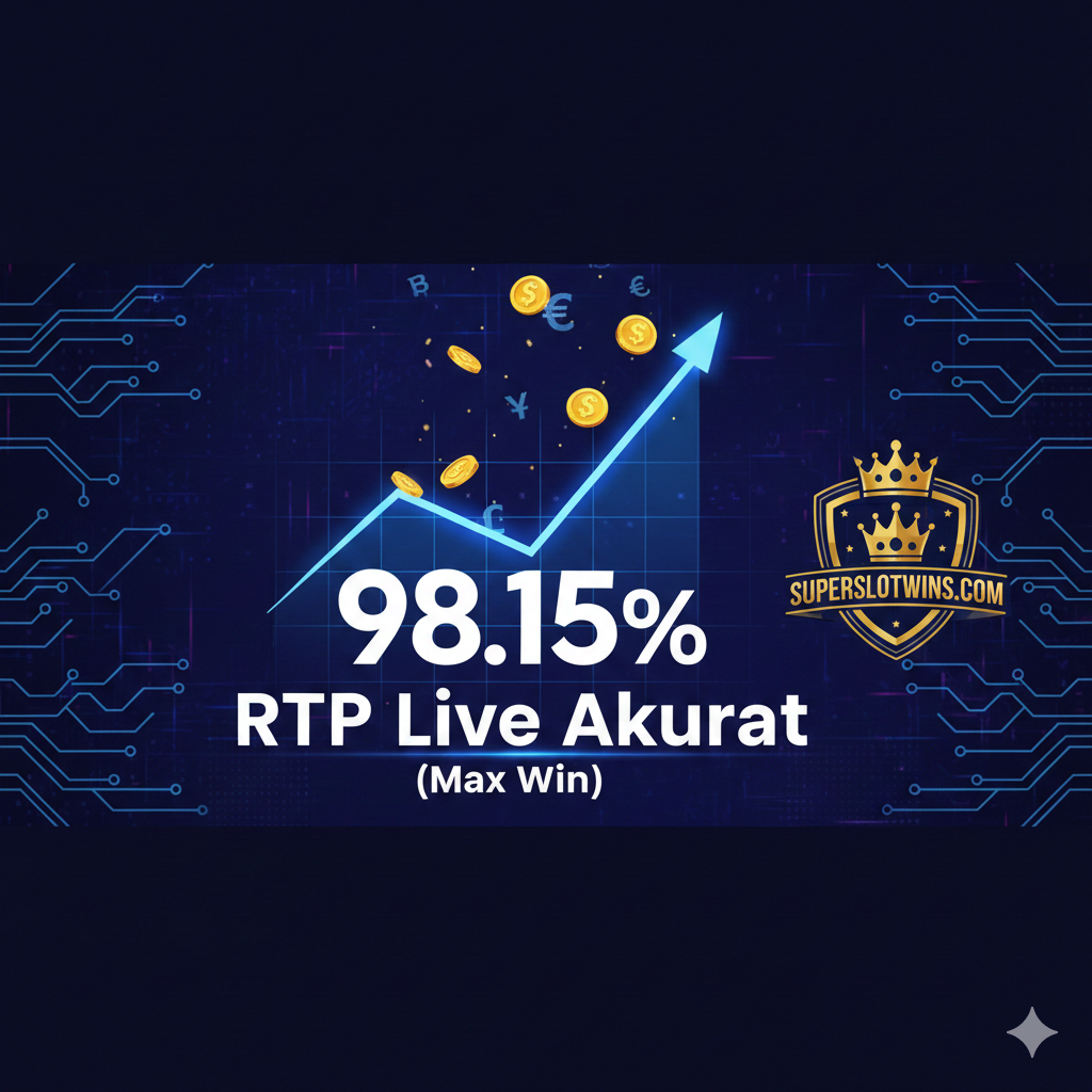 Menggambarkan keunggulan 'RTP Live Akurat'. Tampilkan grafik batang atau grafik garis yang meningkat tajam, menunjukkan angka persentase RTP (misalnya, 98.15%). Sertakan logo 'superslotwins.com' yang menonjol di sebelah grafik sebagai sumber data tepercaya. Gunakan latar belakang digital/teknologi berwarna biru atau ungu tua. Beberapa koin emas atau simbol mata uang harus berjatuhan dari atas grafik, melambangkan pengembalian dan kemenangan tinggi (Max Win).