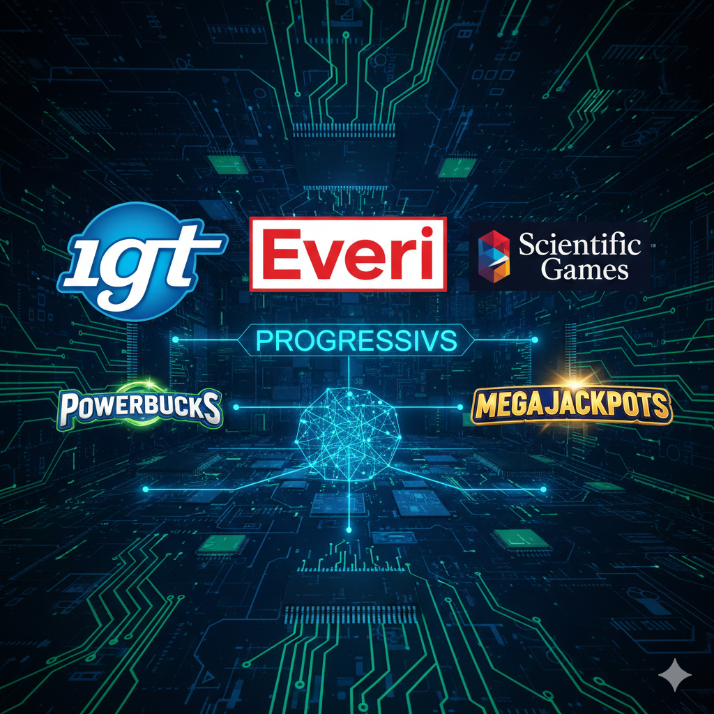 Gambar untuk bagian fitur eksklusif, terutama membahas Powerbucks dan MegaJackpots. Tampilkan dua ikon jackpot yang berbeda secara visual. Di sisi kiri, representasi jaringan Powerbucks yang menghubungkan kasino fisik dan online dengan lampu neon terang (menggambarkan eksklusif OLG). Di sisi kanan, representasi MegaJackpots (IGT Global) sebagai jaringan yang melintasi peta dunia (menggambarkan ketersediaan global). Di tengah, teks 'Jackpot Progresif: OLG Powerbucks vs. MegaJackpots Global' dengan simbol dolar yang besar. Gaya visual harus teknis namun menarik, menggunakan warna biru elektrik dan emas untuk menyoroti teknologi jackpot.