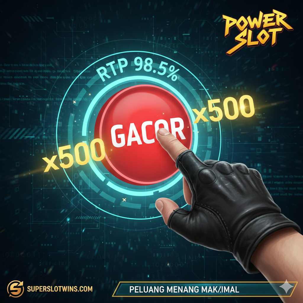 Ilustrasi fitur utama Power Slot. Fokus utama adalah tombol besar berwarna merah menyala bertuliskan 'POWER UP' atau 'GACOR', yang sedang ditekan oleh sebuah tangan (seperti karakter GTA yang siap beraksi). Di sekeliling tombol, tersebar angka persentase RTP Live yang tinggi (misalnya, 'RTP 98.5%') dan simbol pengganda (Multiplier) besar (misalnya, 'x500') yang bersinar. Latar belakang memiliki tekstur digital atau HUD (Head-Up Display) untuk memberikan kesan teknologi dan strategi, menekankan pada peluang menang maksimal.