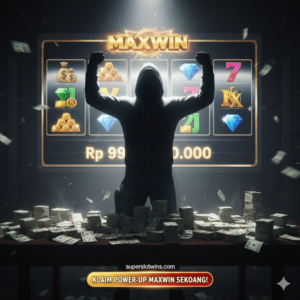 Sebuah adegan sinematik yang merangkum aksi dan kemenangan. Gambar menampilkan seorang karakter bergaya Heist (berpenutup wajah atau siluet) yang baru saja menyelesaikan 'perampokan' dengan sukses, berdiri di depan tumpukan uang sungguhan, sambil mengangkat tangan dengan gestur kemenangan. Di latar belakang, terpampang layar slot yang baru saja menunjukkan kombinasi jackpot Maxwin. Gaya visual harus dinamis, dengan sedikit efek motion blur, dan menggunakan kontras cahaya yang kuat untuk menciptakan kesan adrenalin dan kemenangan nyata. Terdapat CTA 'Klaim Power-Up Maxwin Sekarang!' yang menonjol.
