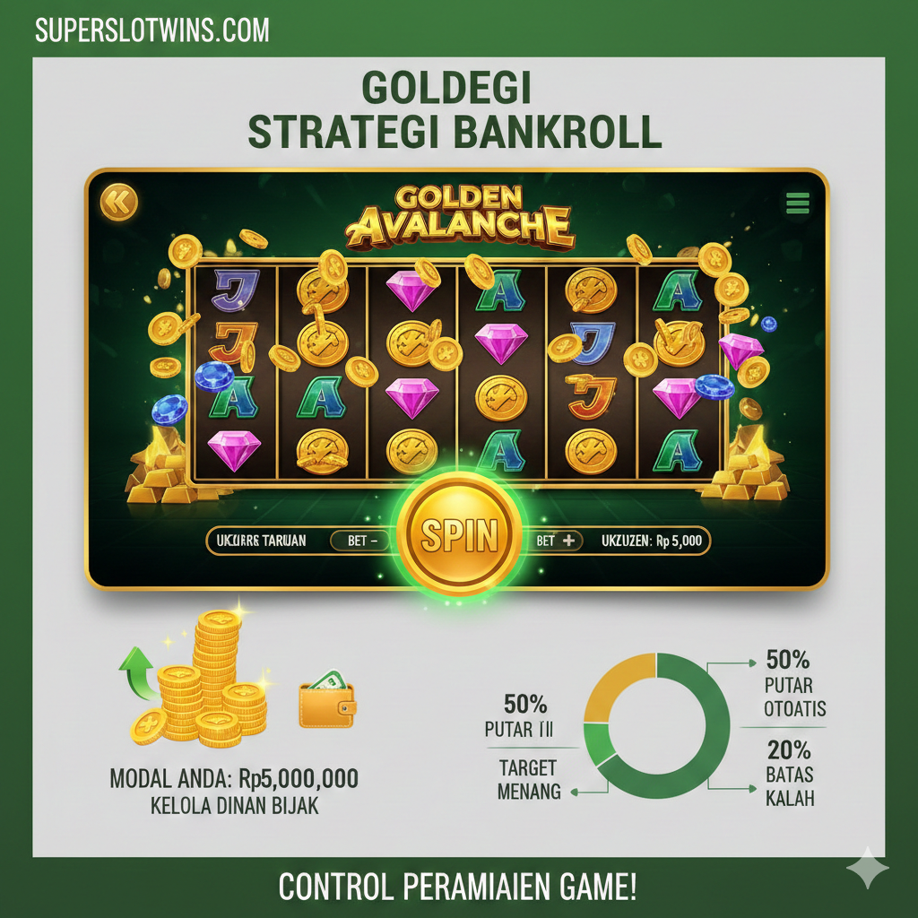 Gambar tutorial yang ramah pengguna, berfokus pada manajemen modal (Bankroll Management) dan tombol putar. Tampilkan antarmuka dasar slot, termasuk tombol 'Spin' yang besar dan menonjol, serta tombol untuk mengatur ukuran taruhan (Bet Size). Di latar depan, sertakan tumpukan koin virtual dan ikon dompet/bankroll yang stabil, yang secara visual mengkomunikasikan 'strategi' dan 'kontrol'. Gaya harus berupa infografis yang bersih, menggunakan warna hijau dan emas untuk menekankan pertumbuhan dan kehati-hatian finansial, dengan fokus pada proses taruhan yang bijaksana.