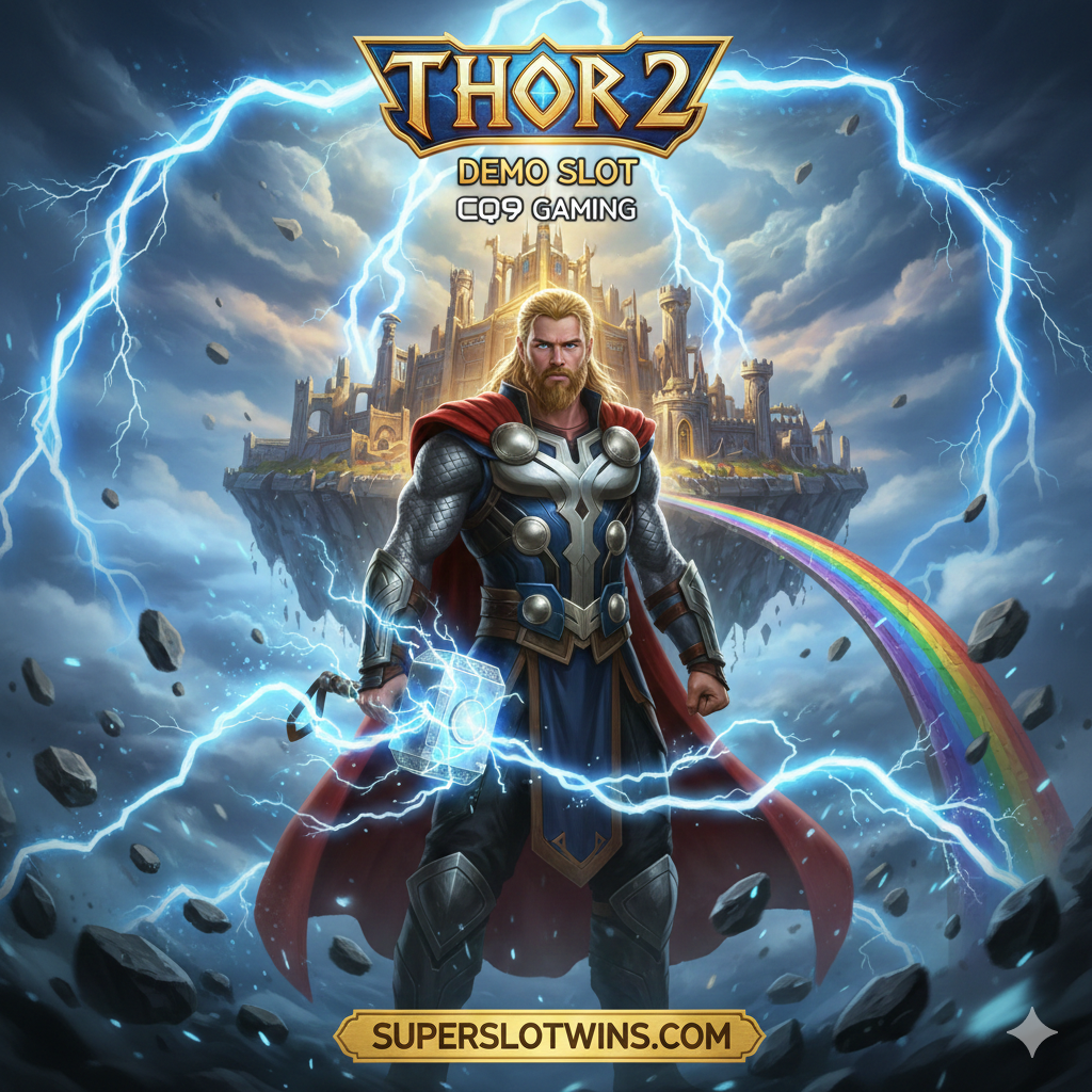 Gambar sampul yang epik dan heroik untuk slot 'Thor 2' dari CQ9 Gaming. Dominasi warna biru elektrik dan emas, menampilkan Dewa Petir Thor dengan Palu Mjolnir yang mengeluarkan petir di tengah latar belakang Asgard atau medan perang Nordik yang dramatis. Judul game 'Thor 2 Slot Demo' atau logo CQ9 harus terlihat jelas dan menonjol, dengan desain premium yang menarik perhatian, sesuai dengan citra situs Superslotwins. Komposisi harus dinamis dan berenergi tinggi.