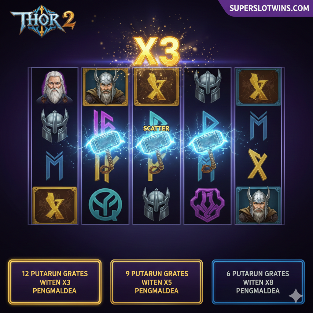 Visualisasi fitur Free Spins utama dari game 'Thor 2' CQ9. Fokus pada gulungan (reels) slot yang sedang berputar dengan efek visual Multiplier (Pengganda) dan simbol Scatter Mjolnir yang menyala. Tampilkan antarmuka yang menunjukkan opsi pilihan Free Spins (misalnya '12 Free Spins with X3 Multiplier') untuk menyoroti fitur utama ini. Gaya grafis harus bersih, modern, dan sangat menonjolkan fitur bonus sebagai daya tarik utama permainan.