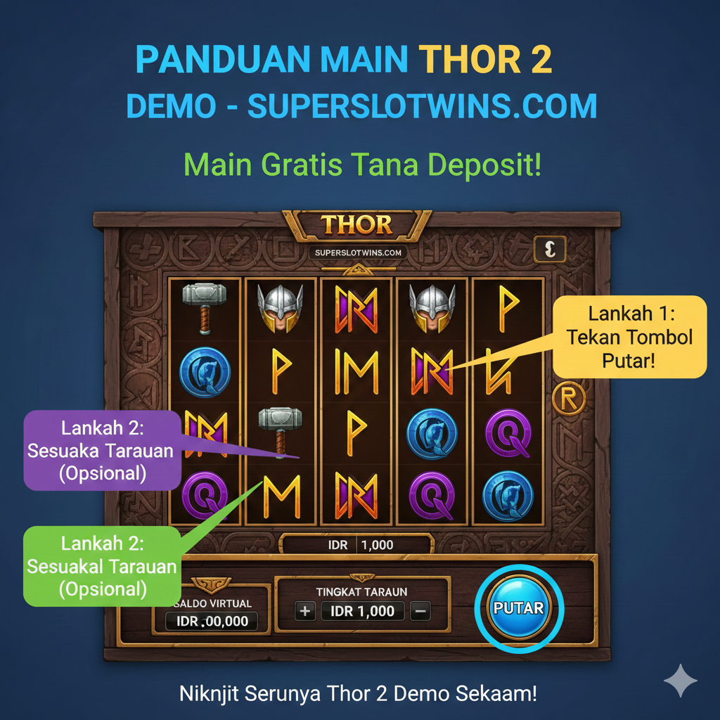 Gambar panduan atau tutorial yang menunjukkan langkah-langkah untuk memulai permainan demo. Tampilkan layar slot 'Thor 2' CQ9 dengan fokus visual pada tombol-tombol antarmuka seperti 'Spin', 'Bet Level' (Tingkat Taruhan), dan 'Credit' (Saldo Virtual) yang disorot dengan lingkaran atau panah. Gunakan skema warna yang cerah dan tata letak yang bersih, dengan elemen instruksional sederhana, menekankan kemudahan 'Main Gratis Tanpa Deposit' di Superslotwins.
