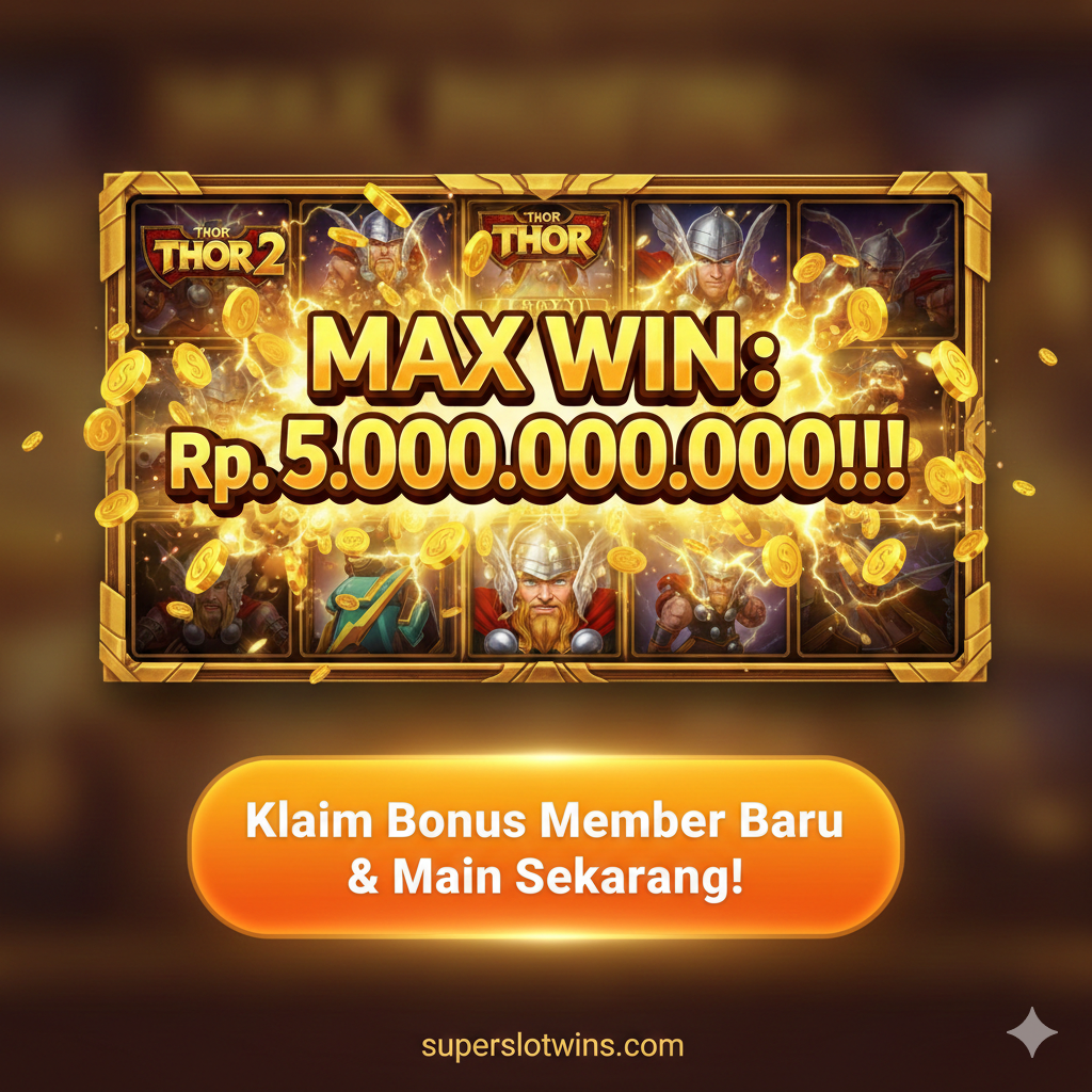 Gambar penutup yang menarik dan bertindak sebagai 'Panggilan Bertindak' (Call to Action). Tampilkan momen Max Win atau Big Win di slot 'Thor 2' dengan layar penuh koin emas yang meledak dan angka kemenangan yang besar. Tambahkan tombol virtual yang menonjol dengan tulisan 'Main Slot Thor 2 Uang Asli' atau 'Klaim Bonus Member Baru' yang mengarah ke Superslotwins. Warna harus hangat dan mengundang, menciptakan perasaan kegembiraan dan potensi kekayaan.