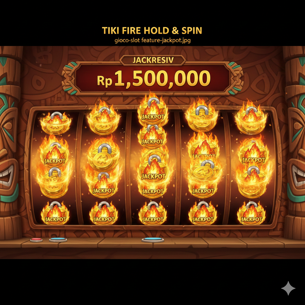 Fokus pada fitur kunci game, yaitu Jackpot Progresif dan fitur 'Hold & Spin'. Ilustrasikan gulungan slot yang membeku (frozen reels) dengan banyak simbol koin emas atau bola api (Fire Jackpot) yang terkunci di posisinya. Di atas gulungan, tunjukkan meteran Jackpot Progresif yang besar dengan angka yang melonjak tinggi dalam mata uang Rupiah (Rp). Gunakan palet warna yang hangat dan intens (merah, oranye, emas) untuk menonjolkan potensi kemenangan besar, dengan detail animasi grafis 3D yang tajam. Judul kecil 'Tiki Fire Hold & Spin' bisa disematkan di bagian atas gambar.