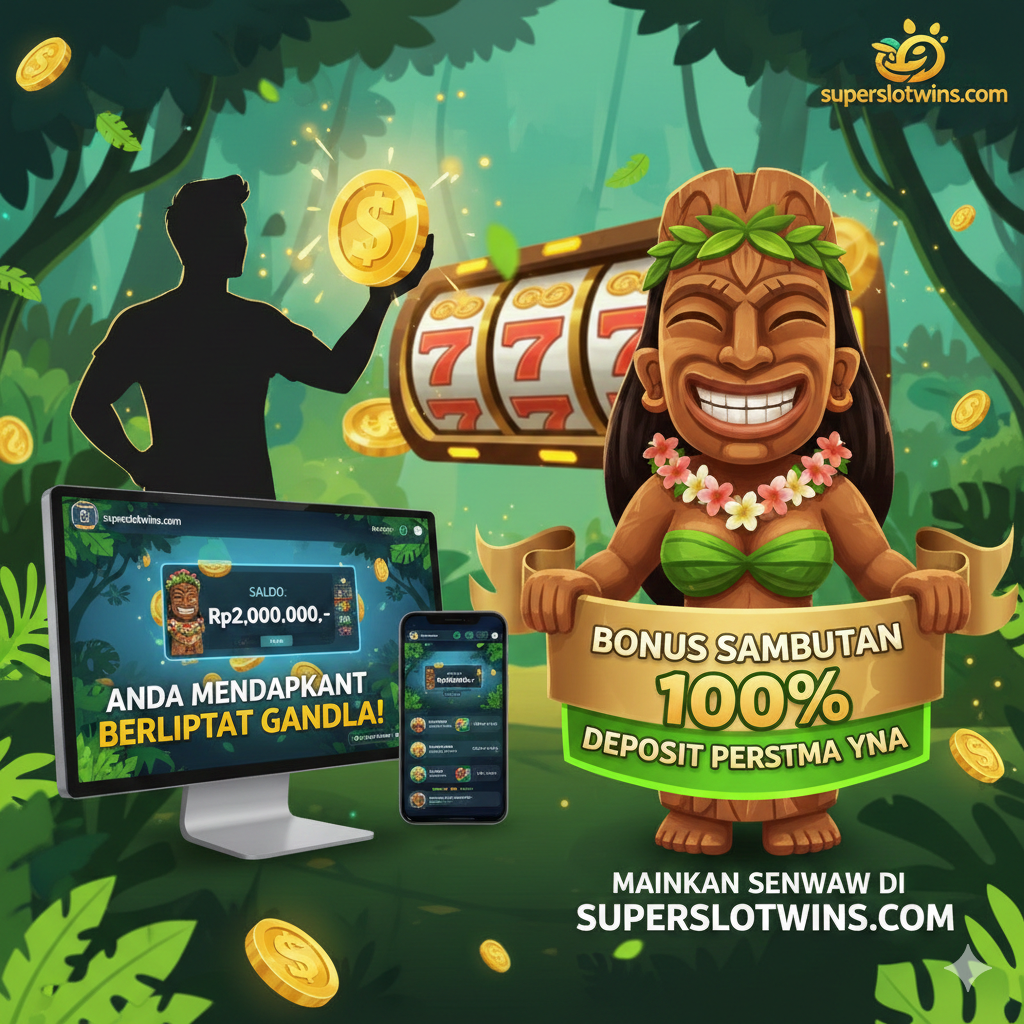 Visualisasi yang berfokus pada keunggulan utama: Bonus Deposit 100%. Tampilkan seorang pemain (ilustrasi siluet) yang sedang memegang koin emas besar di depan layar komputer/ponsel yang menampilkan saldo akun mereka 'DOUBLED'. Di tengah gambar, letakkan ikon patung 'Dewi Tiki' yang ramah sambil memegang spanduk 'BONUS SAMBUTAN 100%'. Komposisi harus didominasi oleh warna cerah seperti emas dan hijau neon untuk melambangkan kekayaan dan kegembiraan, menyoroti penawaran eksklusif superslotwins.com.