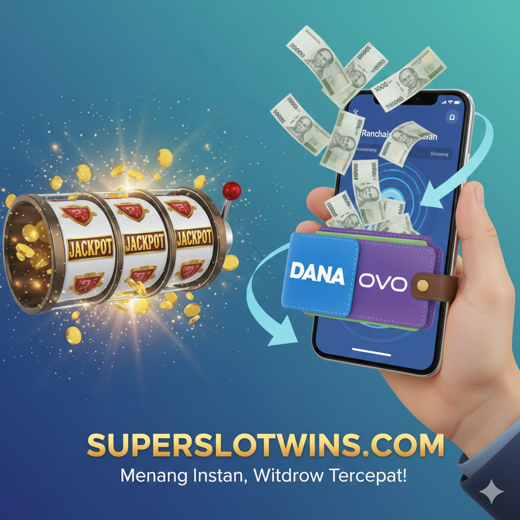 Gambar yang menggabungkan konsep kemenangan (mesin slot dengan simbol 'Jackpot') dan penarikan dana cepat. Tampilkan gulungan mesin slot yang menunjukkan kemenangan besar, dan uang kertas Rupiah (IDR) yang ditarik cepat dari layar smartphone ke dompet e-wallet (dengan logo DANA/OVO yang besar). Gunakan warna biru dan hijau yang menenangkan namun tetap ada sentuhan emas dari kemenangan. Tambahkan elemen panah kecepatan untuk menekankan 'Withdraw Tercepat'.