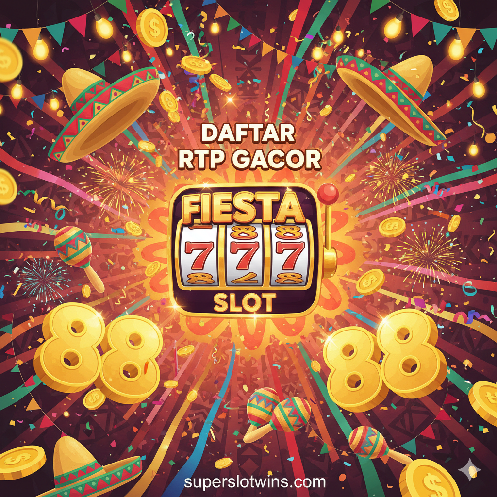 Sebuah gambar visual yang menarik dan ceria bertema pesta atau festival (Fiesta), dengan dominasi warna-warna cerah seperti merah, emas, dan hijau. Di tengah gambar, terdapat logo atau ikon mesin slot virtual 'Fiesta 88 Slot' yang berkilauan, dikelilingi oleh koin emas yang berjatuhan dan simbol-simbol kemenangan (seperti 88 atau simbol meksiko/carnival). Teks utama harus menonjol: 'Fiesta 88 Slot' dengan efek 3D emas, serta kata kunci 'Daftar' dan 'RTP Gacor' di latar belakangnya. Komposisi harus dinamis dan memicu rasa antusiasme.