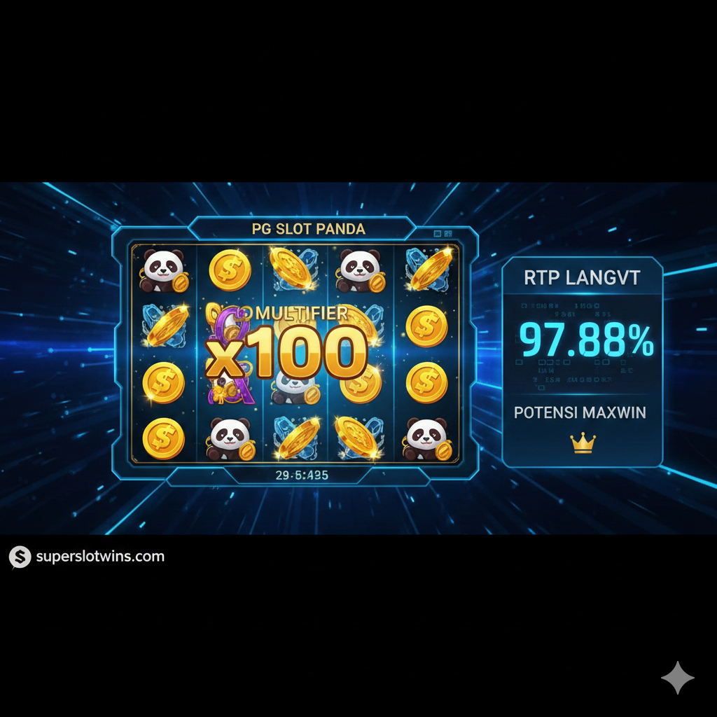 用于展示游戏核心功能(RTP Live和Maxwin潜力)的图片。构图应突出“RTP Live”和“Multiplier”。画面主体是一张PG Slot Panda的虚拟游戏界面截图(或高度相似的模拟图),重点突出一个大的乘数符号(Multiplier,例如x100或更高)和满屏的熊猫/金币符号。旁边有一个动态仪表盘或数字显示,高亮显示97.88%的RTP数值。色彩以科技蓝和耀眼金为主,营造出数据实时更新和高爆率的视觉冲击力。