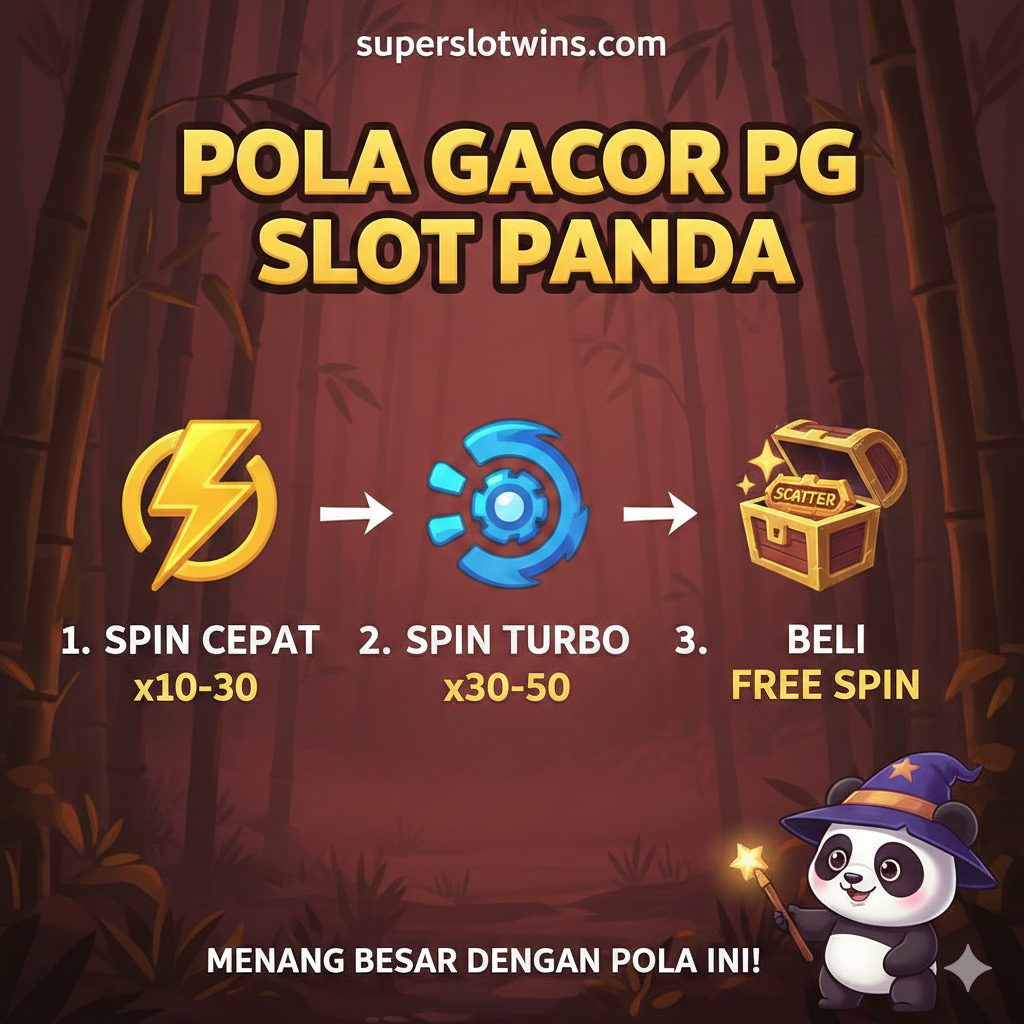 一张简洁明了的教程指导图,关于“Pola Gacor”和“Free Spin”。图片应设计成一个信息图表(Infographic)风格,背景为竹林或暗红色调。主体包含三个步骤的图标化展示:1. 'Spin Cepat' 图标(例如一个闪电),2. 'Spin Turbo' 图标(例如一个涡轮),3. 'Beli Free Spin' 图标(例如一个宝箱或闪烁的Scatter符号)。下方或侧面有一只正在指导玩家的卡通熊猫。整体风格要求清晰、易懂,带有箭头引导步骤。