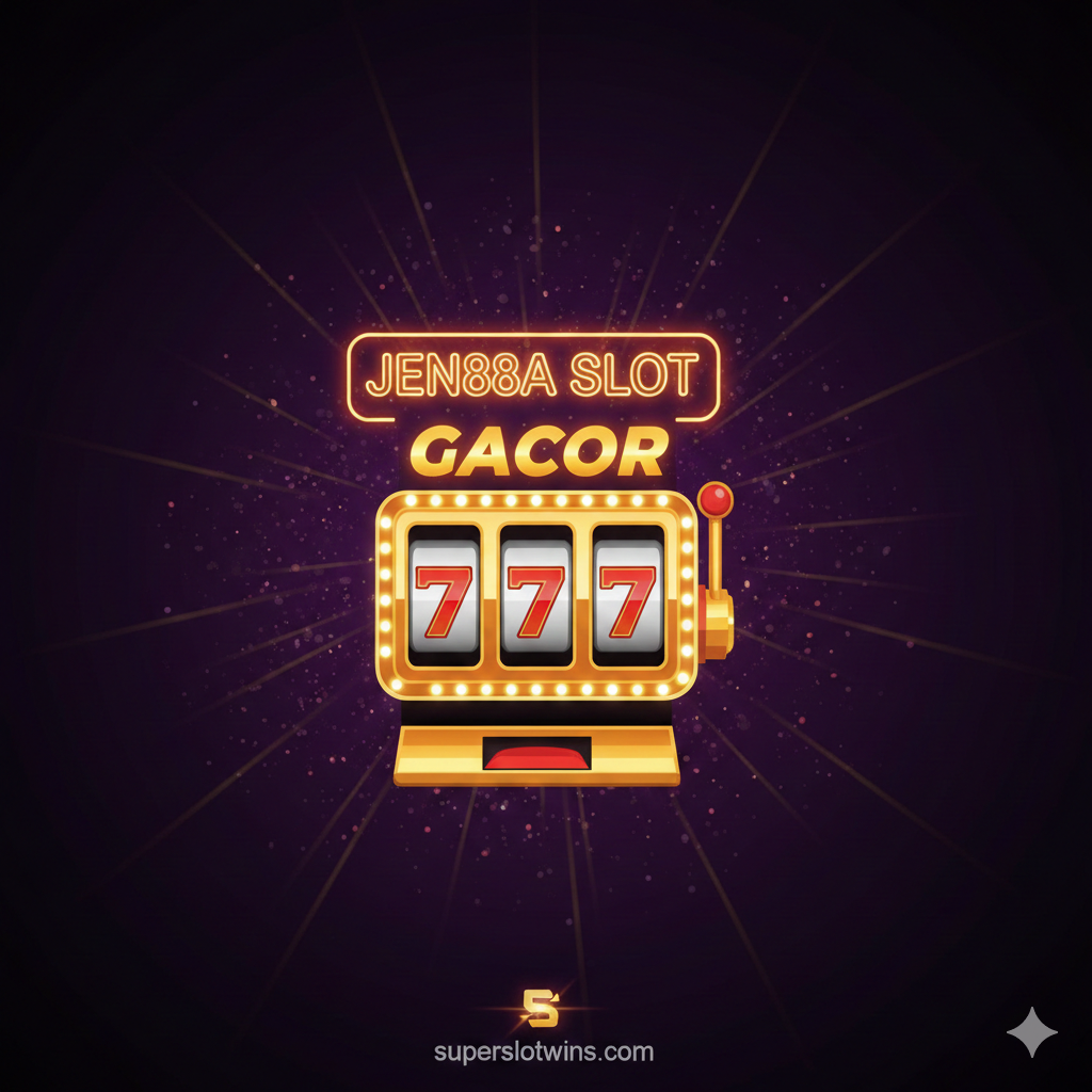 Gambar sebagai artikel cover, harus memiliki visual dampak tinggi dan daya tarik. Subjek adalah ikon Slot Machine yang berkilauan dan berwarna emas, dengan teks neon yang menonjol 'JEN88A SLOT' dan 'GACOR' di atasnya. Latar belakang menggunakan gradien ungu tua dan hitam, dilengkapi sinar cahaya emas radial dan efek partikel, menciptakan suasana kasino yang berkelas, misterius, dan penuh peluang. Di sudut bawah layar, sebuah logo kecil dan bercahaya menyoroti 'superslotwins.com'. Komposisi keseluruhan terpusat, dengan kontras warna yang kuat, menekankan tema “Kemenangan” dan “Akses Cepat”.