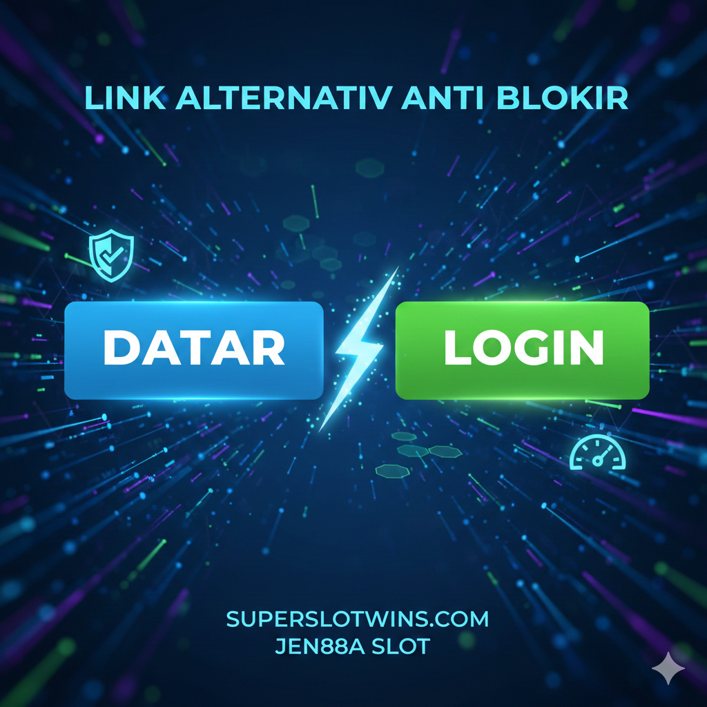 Gambar fitur fokus pada “LOGIN & DAFTAR” dan “Anti Blokir”. Subjek utamanya adalah dua tombol besar bercahaya: tombol biru bertuliskan 'DAFTAR' dan tombol hijau bertuliskan 'LOGIN', keduanya dihubungkan oleh garis berbentuk petir. Latar belakang adalah grafis abstrak dari dunia digital atau aliran kode, melambangkan keunggulan teknis 'Link Alternatif' dan 'Anti Blokir'. Di sekitar tombol, mungkin ada ikon perisai kecil (keamanan) dan speedometer (akses cepat). Gayanya modern, minimalis, dan cerah, menonjolkan kemudahan dan keamanan operasi.