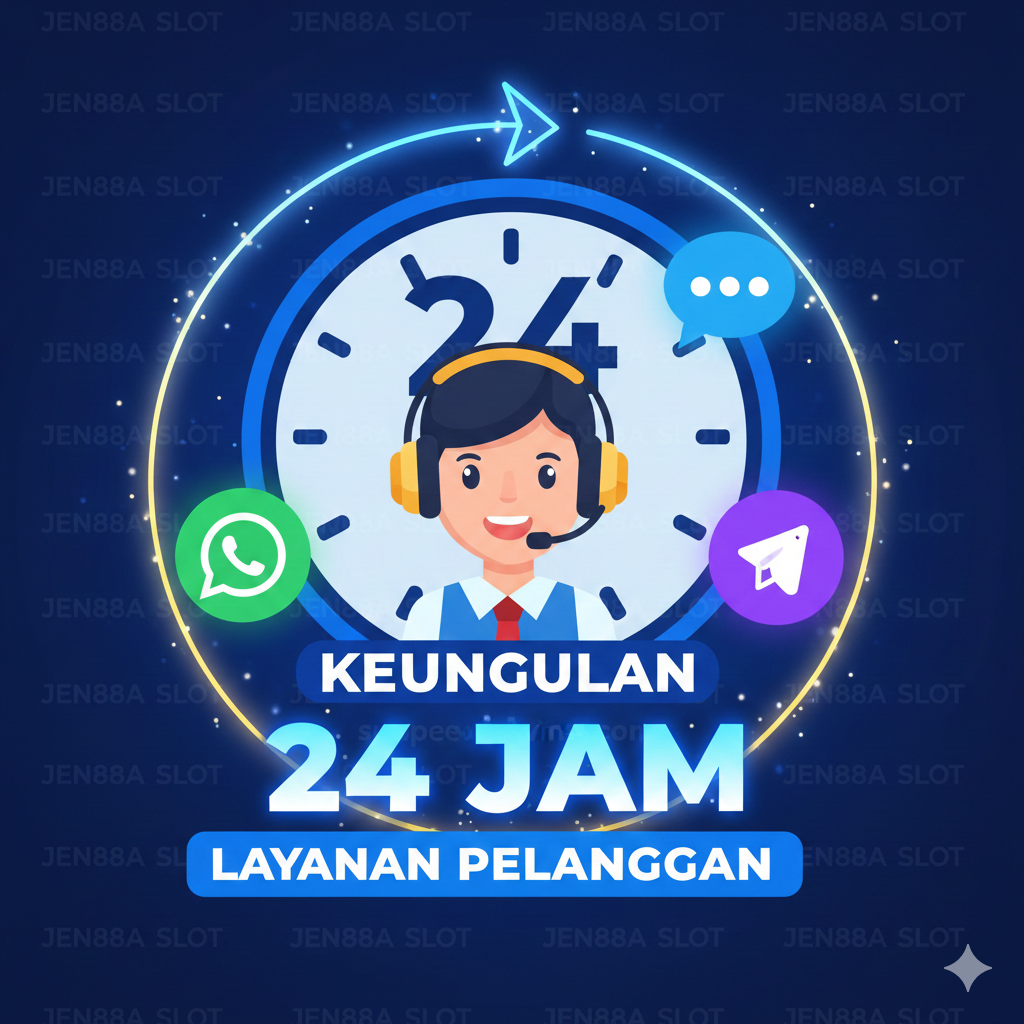 Gambar keuntungan menekankan “24 Jam” dan “Layanan Pelanggan”. Di tengah gambar adalah ikon kartun atau flat design dari perwakilan layanan pelanggan profesional yang mengenakan headset dan tersenyum, dikelilingi oleh ikon-ikon yang melambangkan platform berbeda: WhatsApp, gelembung Live Chat, dan logo Telegram. Di latar belakang, jarum jam besar menunjuk ke 24 jam, atau menggunakan panah melingkar bercahaya untuk menunjukkan layanan non-stop. Warna didominasi oleh warna merek perusahaan (misalnya biru dan putih), menyampaikan janji layanan yang andal, ramah, dan siap sedia. Komposisi harus menempatkan ikon layanan pelanggan sebagai fokus, dengan elemen lain didistribusikan secara suportif.