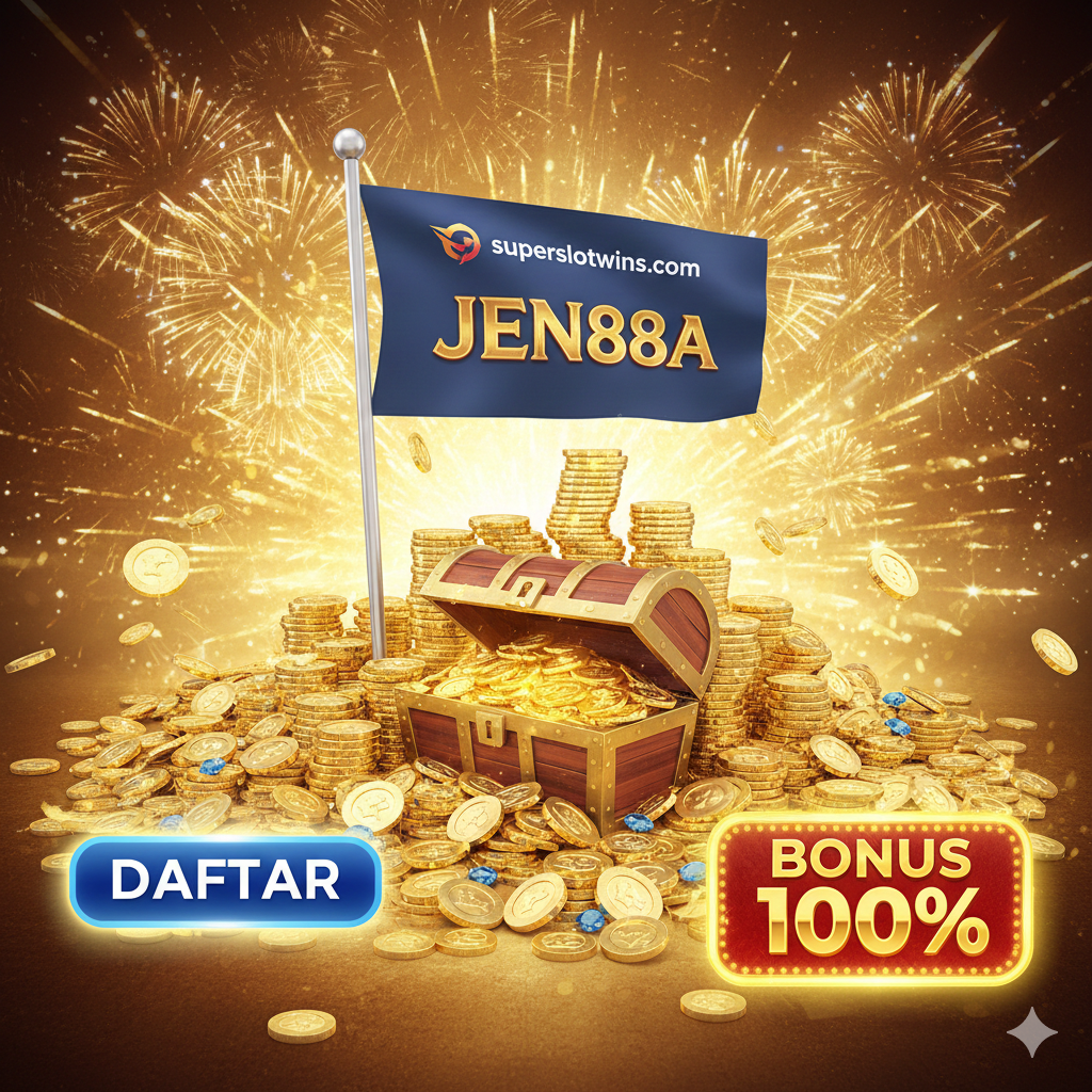 Gambar rangkuman digunakan di akhir artikel, harus menjadi ajakan bertindak (CTA) yang kuat dan penguatan citra merek. Subjek utama adalah area besar yang dipenuhi koin emas dan peti harta karun, dengan bendera yang dicetak dengan logo 'superslotwins.com' dan 'JEN88A' ditancapkan di tengahnya. Latar belakang adalah ledakan cahaya sukses dan bintang, melambangkan kemenangan jackpot besar. Di sisi kiri layar adalah tombol 'DAFTAR' yang bersinar, dan di sisi kanan adalah label 'BONUS 100%'. Gaya keseluruhannya mewah dan dinamis, bertujuan untuk memicu pengguna untuk segera mengambil tindakan, klik untuk masuk/mendaftar, dan mendapatkan hadiah anggota baru.