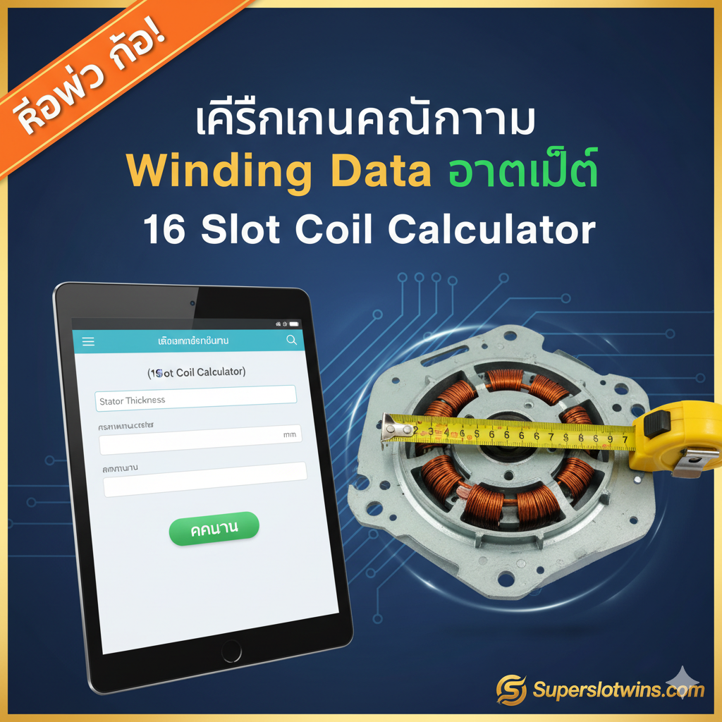 ภาพสรุปและประชาสัมพันธ์เครื่องมือใหม่ที่กำลังจะมาในอนาคต 'เครื่องมือคำนวณ Winding Data อัตโนมัติ' (16 Slot Coil Calculator) โดยภาพควรมุ่งเน้นไปที่หน้าจอแท็บเล็ตหรือคอมพิวเตอร์ที่กำลังแสดงฟอร์มสำหรับกรอกข้อมูลความหนาของสเตเตอร์ (Stator Thickness) และมีปุ่ม 'คำนวณ' ขนาดใหญ่ ด้านข้างมีภาพสเตเตอร์ 16 Slot และตลับเมตรกำลังวัดขนาดความหนา สร้างความคาดหวังด้วยการใช้โทนสีสดใสและคำว่า 'Coming Soon' หรือ 'เร็วๆ นี้' ที่โดดเด่น พร้อมโลโก้ Superslotwins.com เพื่อย้ำเตือนผู้อ่านถึงนวัตกรรมของเว็บไซต์.