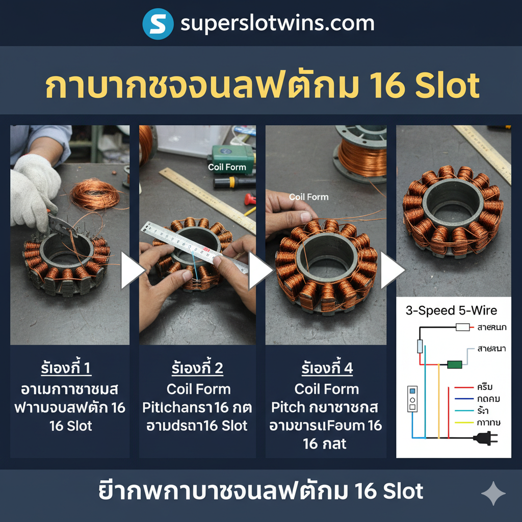 ภาพแสดงขั้นตอนการพันขดลวดพัดลม 16 Slot เน้นขั้นตอนการทำงาน 3-4 ขั้นตอนหลัก จัดวางแบบ Infographic ใช้ภาพประกอบย่อยๆ ได้แก่ 1) ช่างกำลังตัดลวดเก่าออกจากสเตเตอร์ 2) ภาพการเตรียม Coil Form ตามระยะ Pitch (เช่น 1-4, 1-6) 3) ภาพขดลวดที่พันเสร็จแล้วแต่ยังไม่มัด และ 4) ภาพแผนภาพการต่อสายไฟ 3-Speed 5-Wire แบบย่อ ใช้ลูกศรหรือตัวเลขกำกับขั้นตอนอย่างชัดเจน ภาพรวมควรให้ความรู้สึกถึงการลงมือปฏิบัติจริง มีแสงและเงาแบบโรงงานหรือเวิร์คช็อปเล็กๆ.