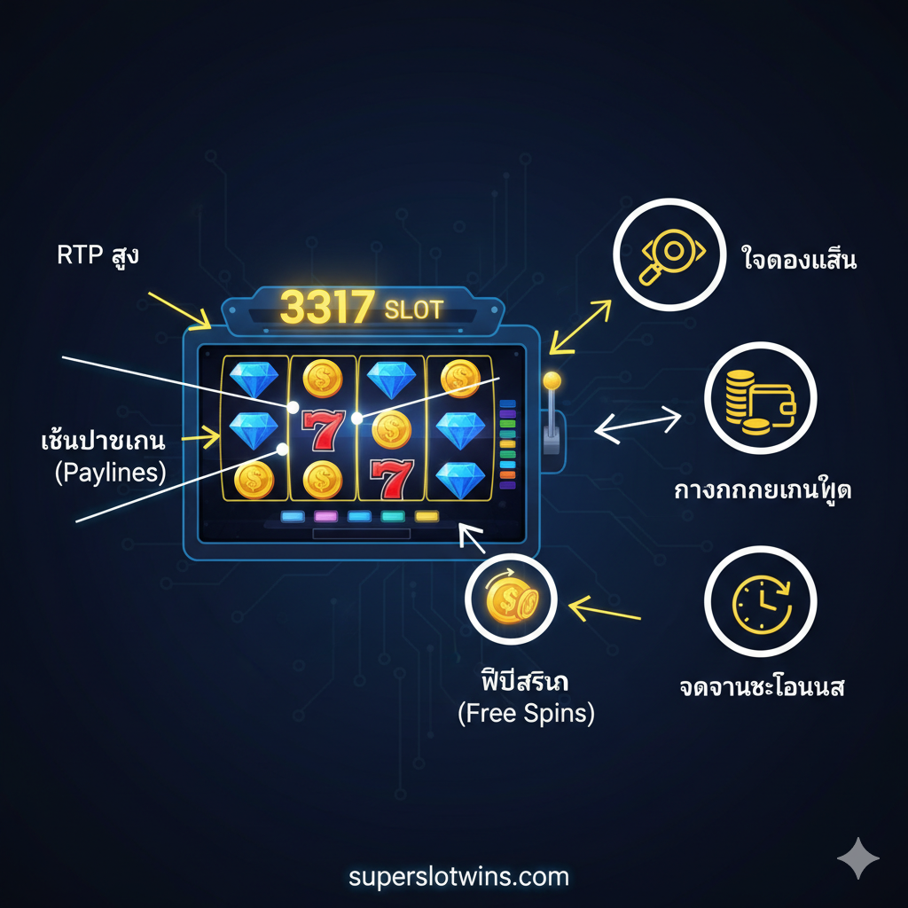 ภาพสอนการเล่นและเคล็ดลับสำหรับ 'สูตร 3317 slot' แสดงหน้าจอเกมสล็อตพร้อมไฮไลท์ในบริเวณสำคัญ เช่น RTP และ Paylines มีไอคอน 3 อันที่แสดงถึงการทดลองเล่น การจัดการเงินทุน และการจับจังหวะโบนัส