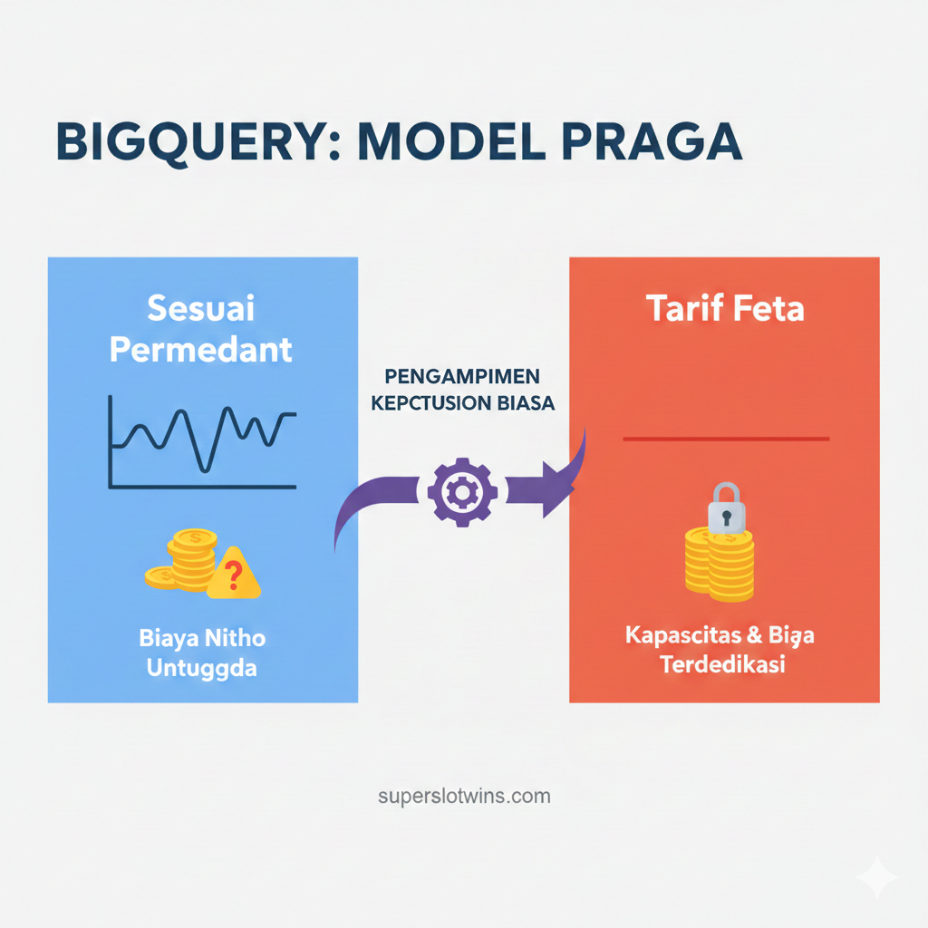 Representasi visual perbandingan antara Flat-Rate dan On-Demand BigQuery Slots. Gambar harus berupa diagram infografis minimalis yang bersih. Di sisi kiri, label 'ON-DEMAND' diwakili oleh grafik lonjakan (spike) yang tidak menentu (melambangkan beban kerja sporadis), dengan ikon dompet dan tanda dolar (biaya per kueri). Di sisi kanan, label 'FLAT-RATE' diwakili oleh sebuah kotak yang terstruktur atau 'Reservation' (blok yang solid dan stabil), dengan ikon gembok dan kalender (melambangkan biaya tetap dan kapasitas terdedikasi). Gunakan warna kontras, misalnya merah untuk On-Demand (biaya tinggi/tidak menentu) dan hijau/biru untuk Flat-Rate (stabilitas/efisiensi). Di tengah, visualisasi 'Slot' sebagai CPU mini atau inti komputasi yang bekerja keras.
