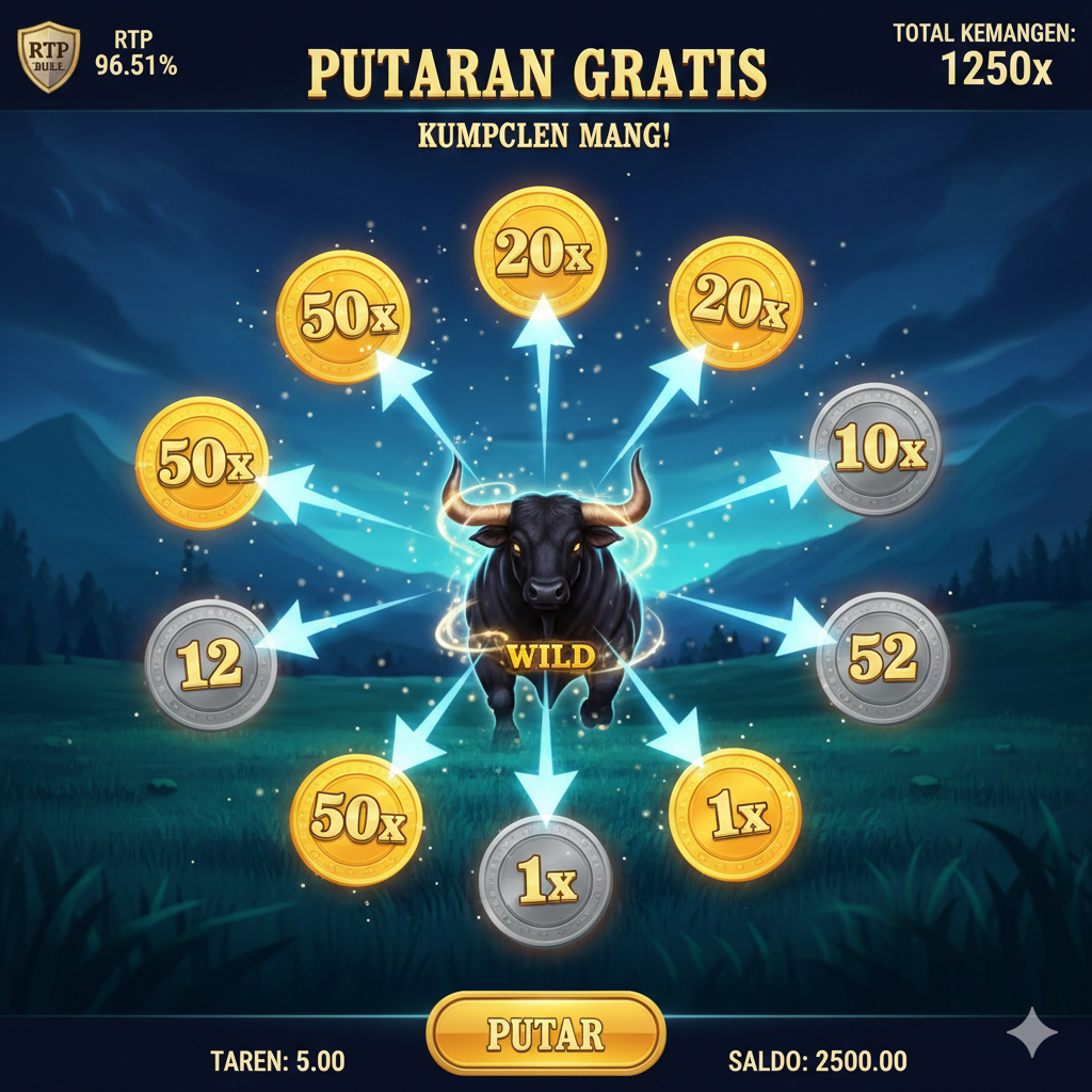 Visual yang berfokus pada fitur kunci 'Money Collect' dan 'Free Spins' Black Bull Slot. Tunjukkan tangkapan layar atau ilustrasi dari layar bonus Free Spins di mana simbol Banteng (Wild/Collect) berada di tengah, dikelilingi oleh banyak simbol Koin Uang dengan nilai numerik (misalnya, 50x, 20x, 10x). Fokuskan pada mekanisme pengumpulan; mungkin dengan garis panah visual yang menunjukkan Banteng sedang 'menarik' nilai Koin. Gunakan skema warna dalam game (biru tua/hijau selama Free Spins) dan tambahkan ikon kecil 'RTP 96.51%' di sudut untuk menyorot spesifikasi penting.