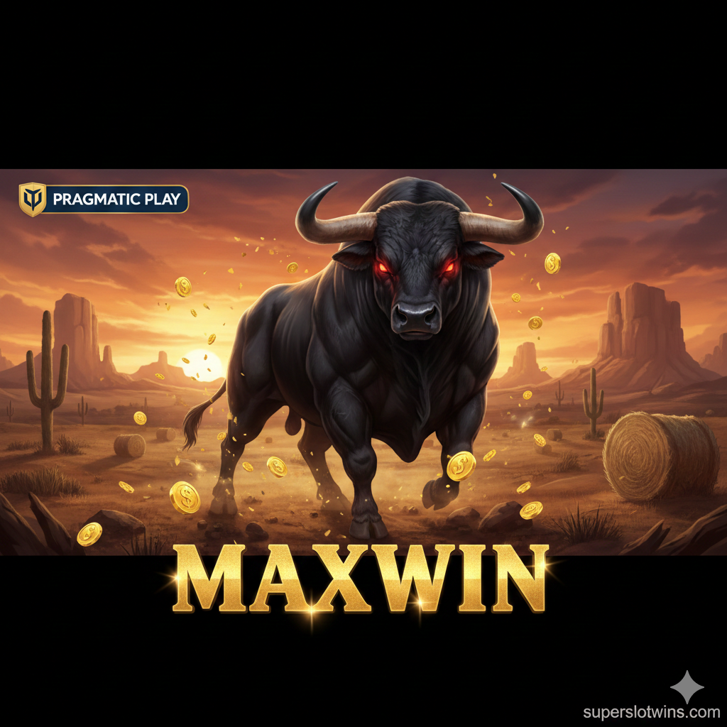Desain gambar sampul yang dramatis dan menarik perhatian untuk slot 'Black Bull'. Gambar harus menampilkan visual utama dari game: seekor banteng hitam besar yang ganas, mata menyala merah, berdiri di latar belakang gurun/padang rumput koboi liar saat matahari terbenam. Gaya visual harus berkualitas tinggi dan realistis dengan elemen emas atau kilauan koin uang tersebar di sekitarnya. Tambahkan logo 'Pragmatic Play' di sudut dan teks 'MAXWIN' besar yang menonjol di bagian bawah. Warna didominasi oleh cokelat, emas, merah gelap, dan hitam untuk kesan mewah dan potensi jackpot tinggi. Format horizontal yang cocok untuk header artikel.